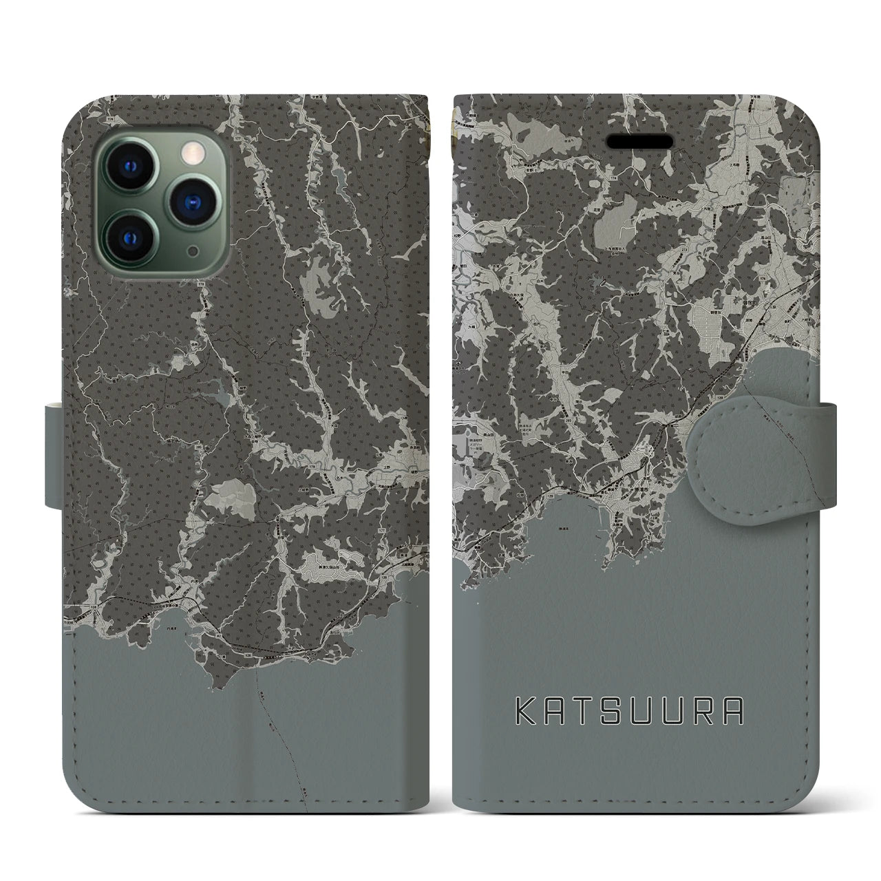 【勝浦(千葉県)】地図柄iPhoneケース(手帳タイプ)モノトーン・iPhone 11 Pro 用