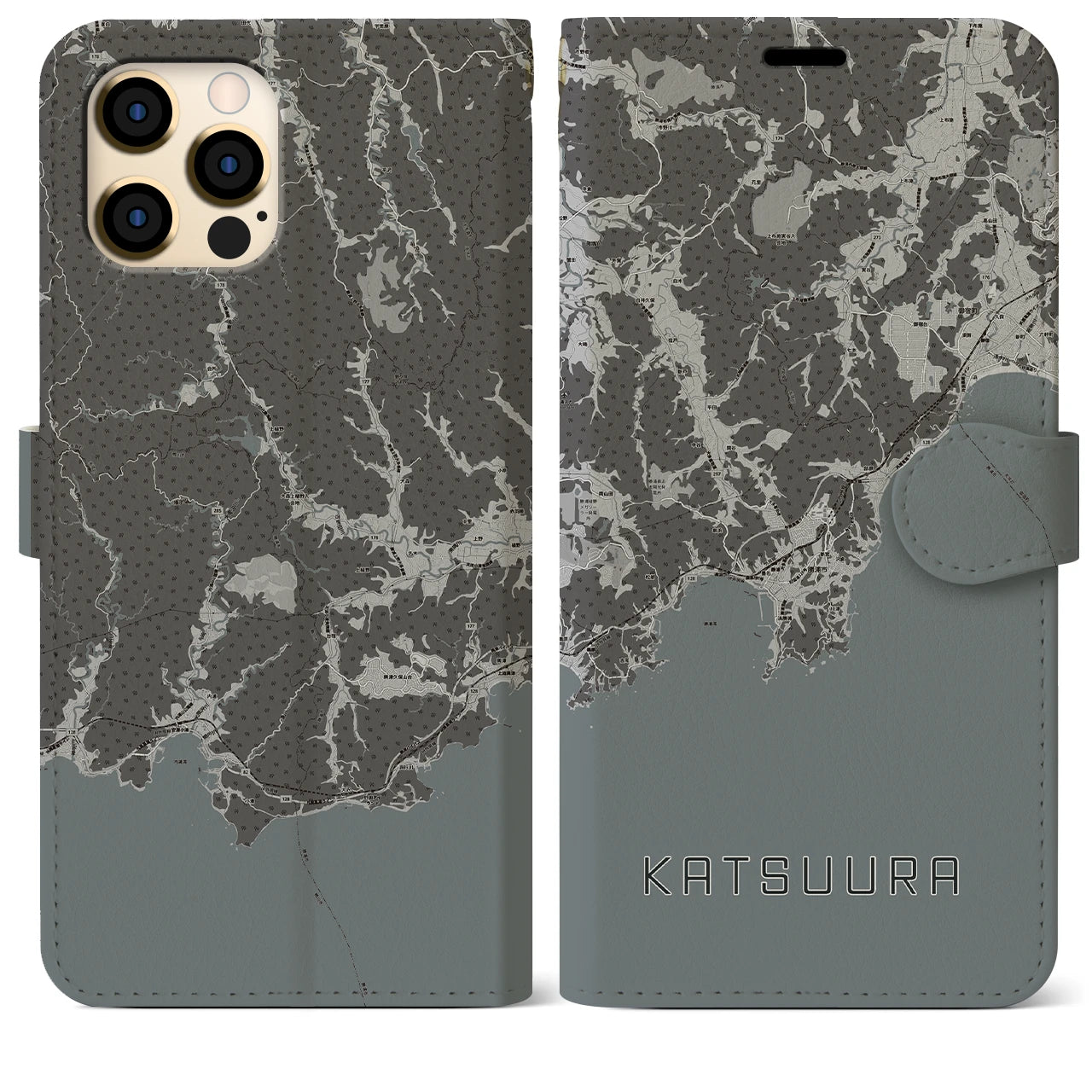 【勝浦(千葉県)】地図柄iPhoneケース(手帳タイプ)モノトーン・iPhone 12 Pro Max 用