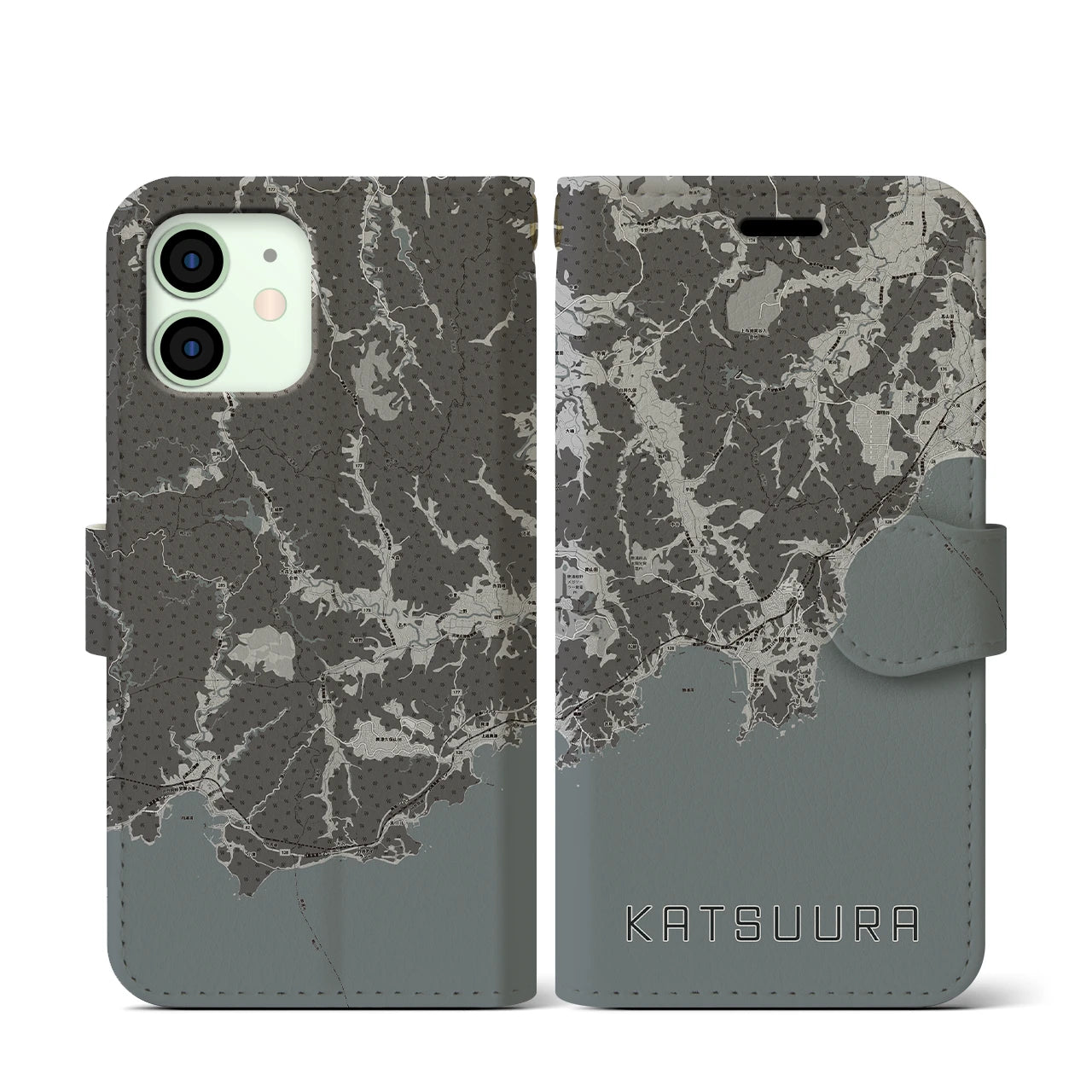 【勝浦(千葉県)】地図柄iPhoneケース(手帳タイプ)モノトーン・iPhone 12 mini 用