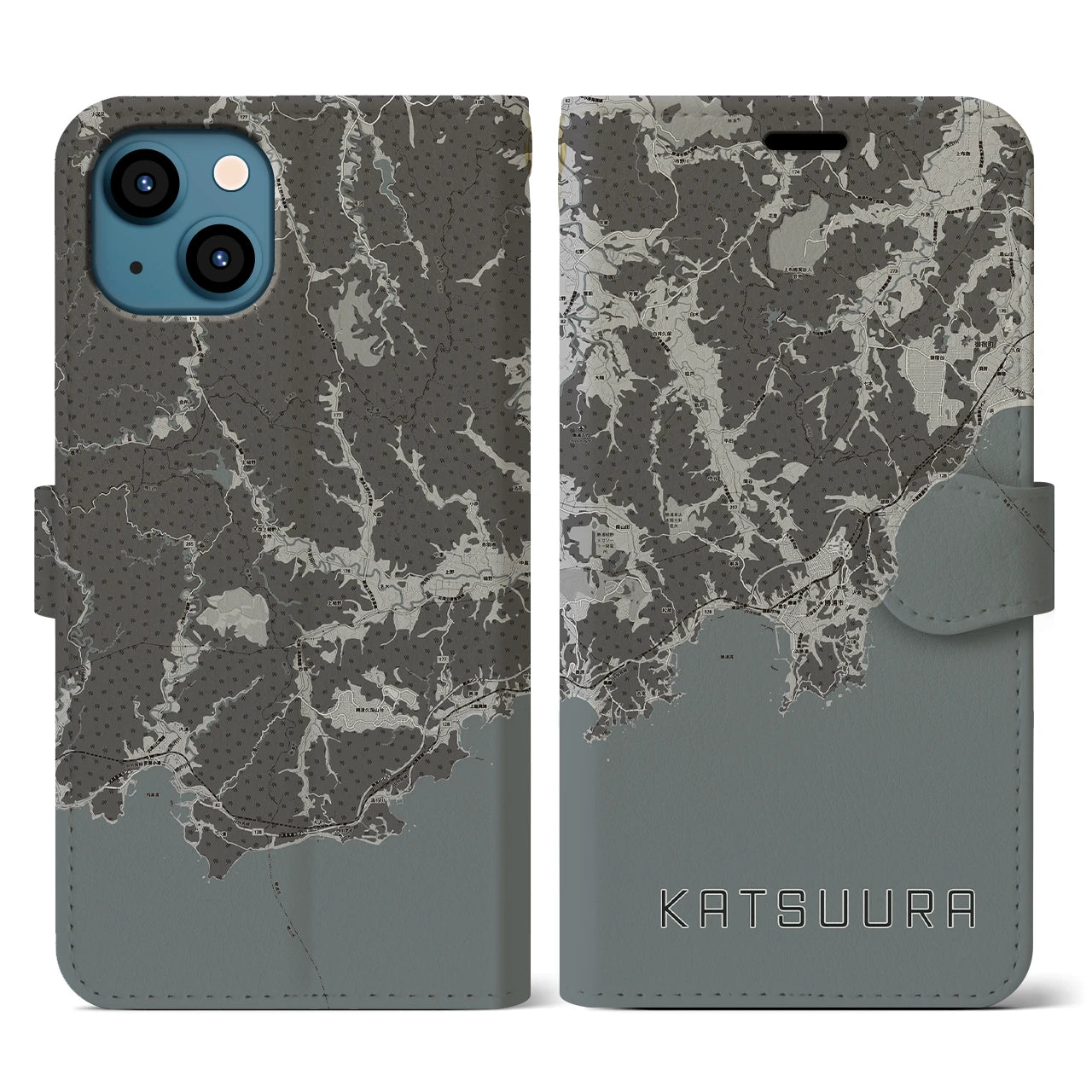 【勝浦(千葉県)】地図柄iPhoneケース(手帳タイプ)モノトーン・iPhone 13 用