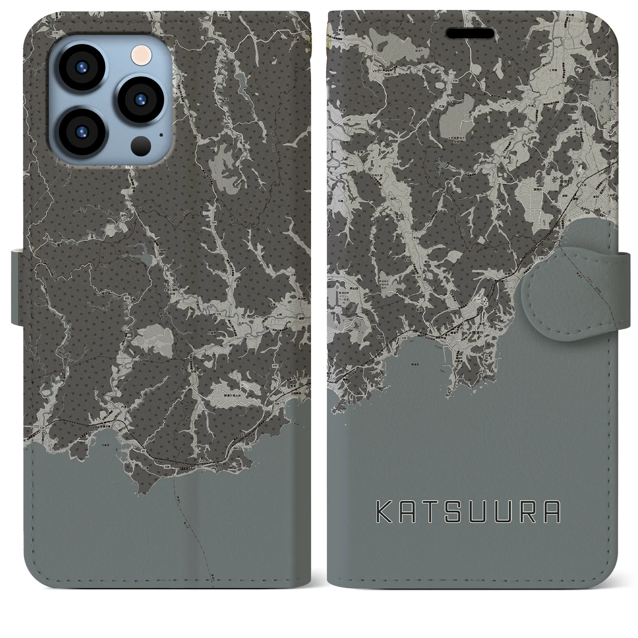 【勝浦(千葉県)】地図柄iPhoneケース(手帳タイプ)モノトーン・iPhone 13 Pro Max 用