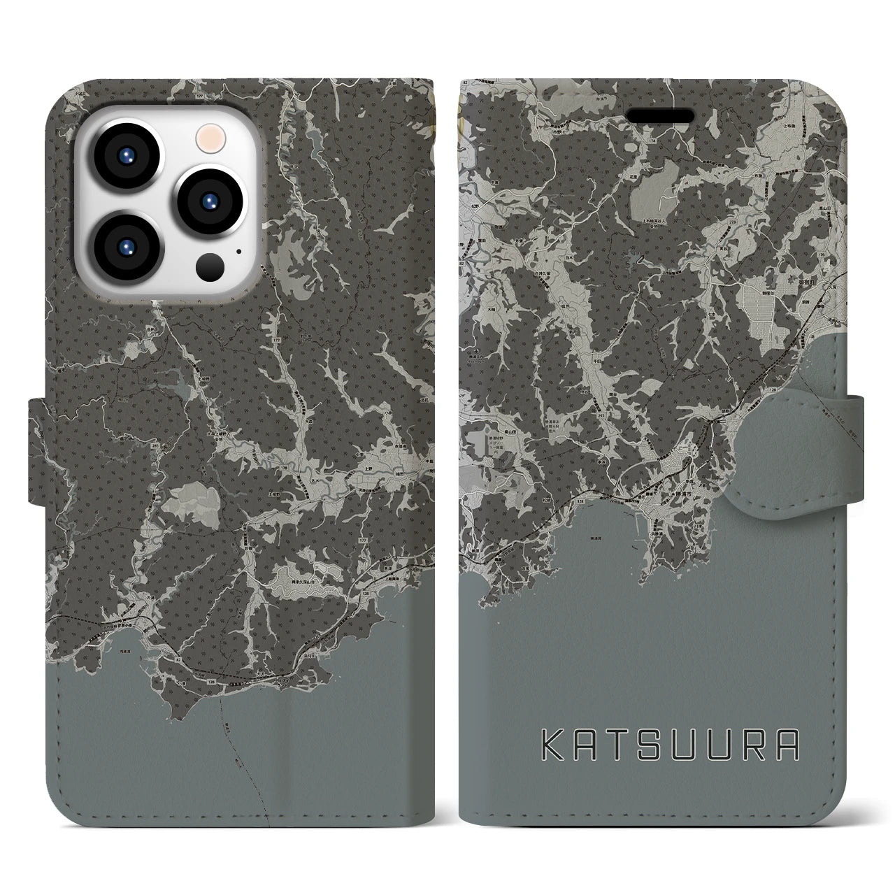 【勝浦(千葉県)】地図柄iPhoneケース(手帳タイプ)モノトーン・iPhone 13 Pro 用
