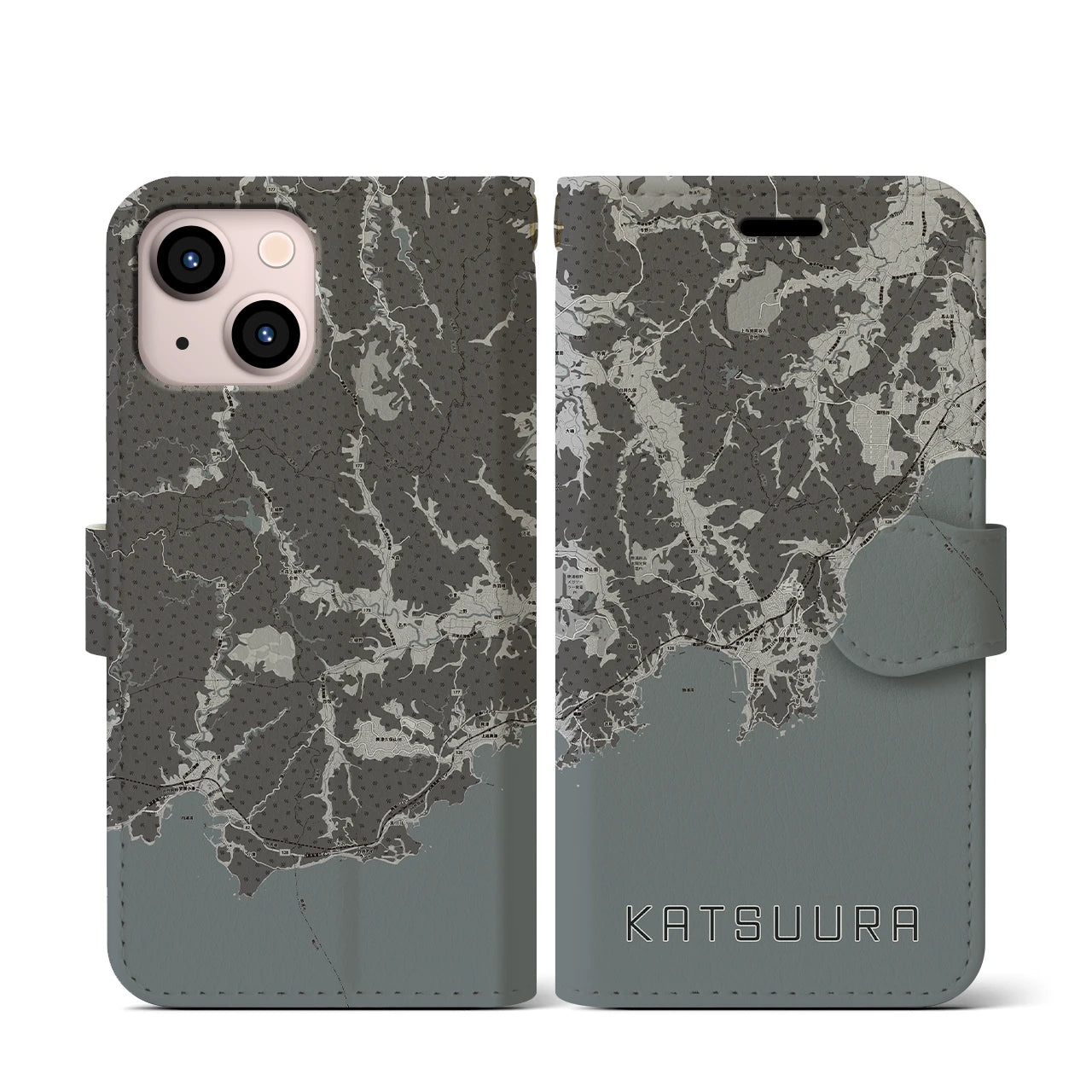 【勝浦(千葉県)】地図柄iPhoneケース(手帳タイプ)モノトーン・iPhone 13 mini 用