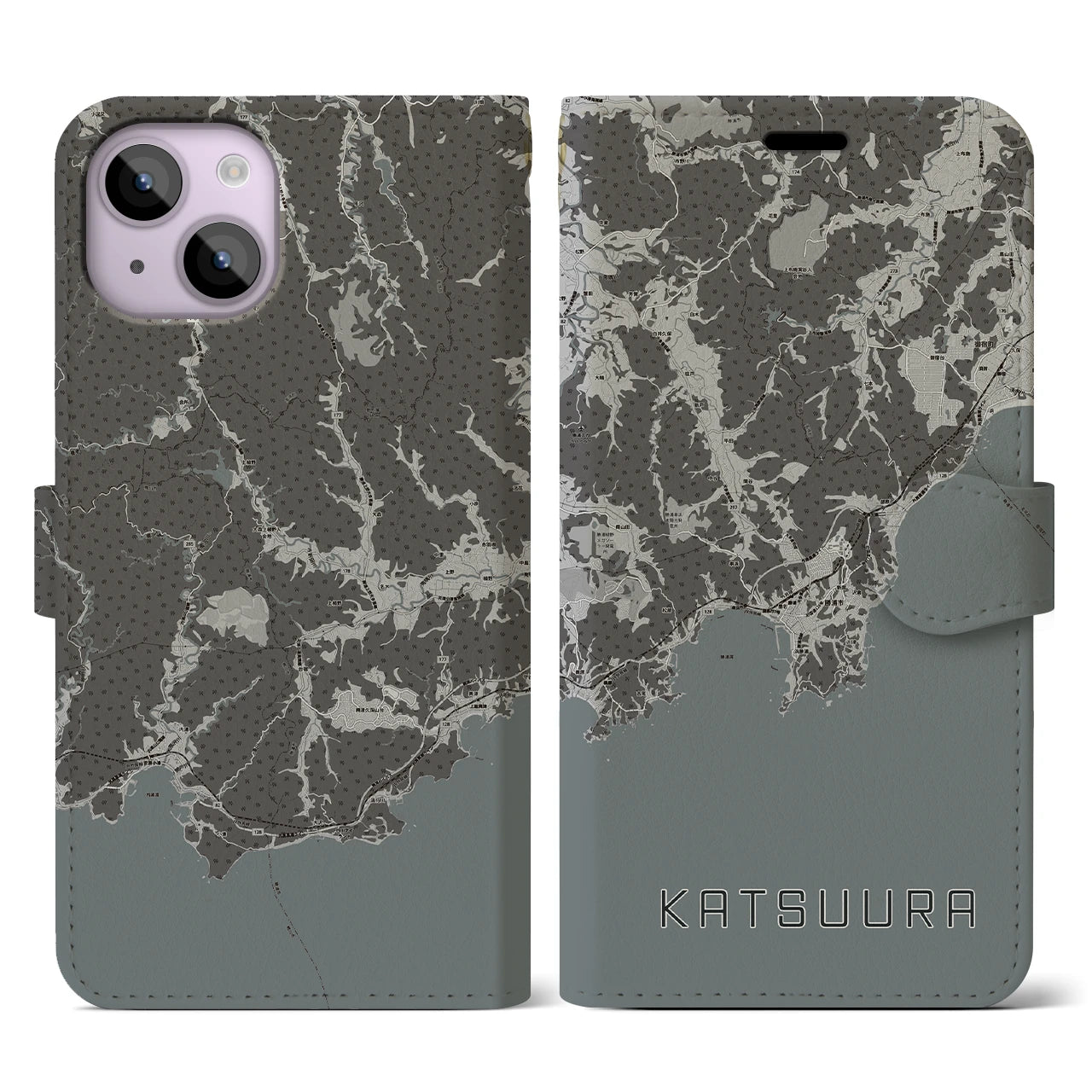 【勝浦(千葉県)】地図柄iPhoneケース(手帳タイプ)モノトーン・iPhone 14 用