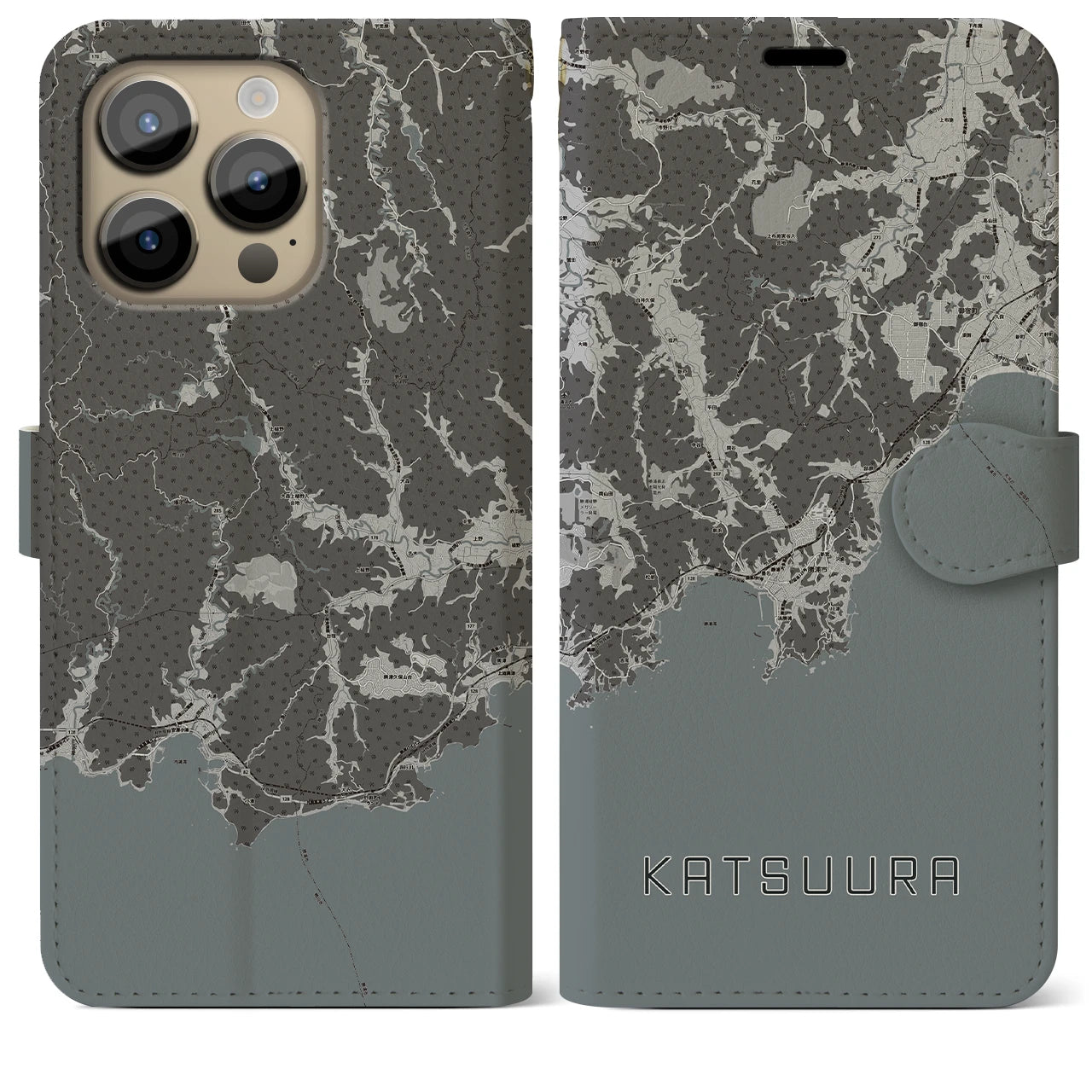 【勝浦(千葉県)】地図柄iPhoneケース(手帳タイプ)モノトーン・iPhone 14 Pro Max 用