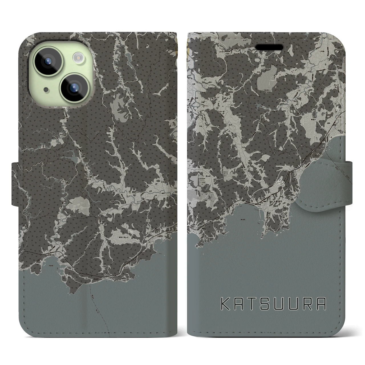 【勝浦(千葉県)】地図柄iPhoneケース(手帳タイプ)モノトーン・iPhone 15 用