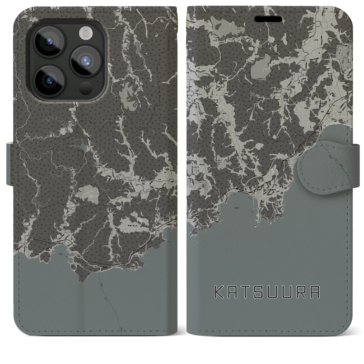 【勝浦(千葉県)】地図柄iPhoneケース(手帳タイプ)モノトーン・iPhone 15 Pro Max 用