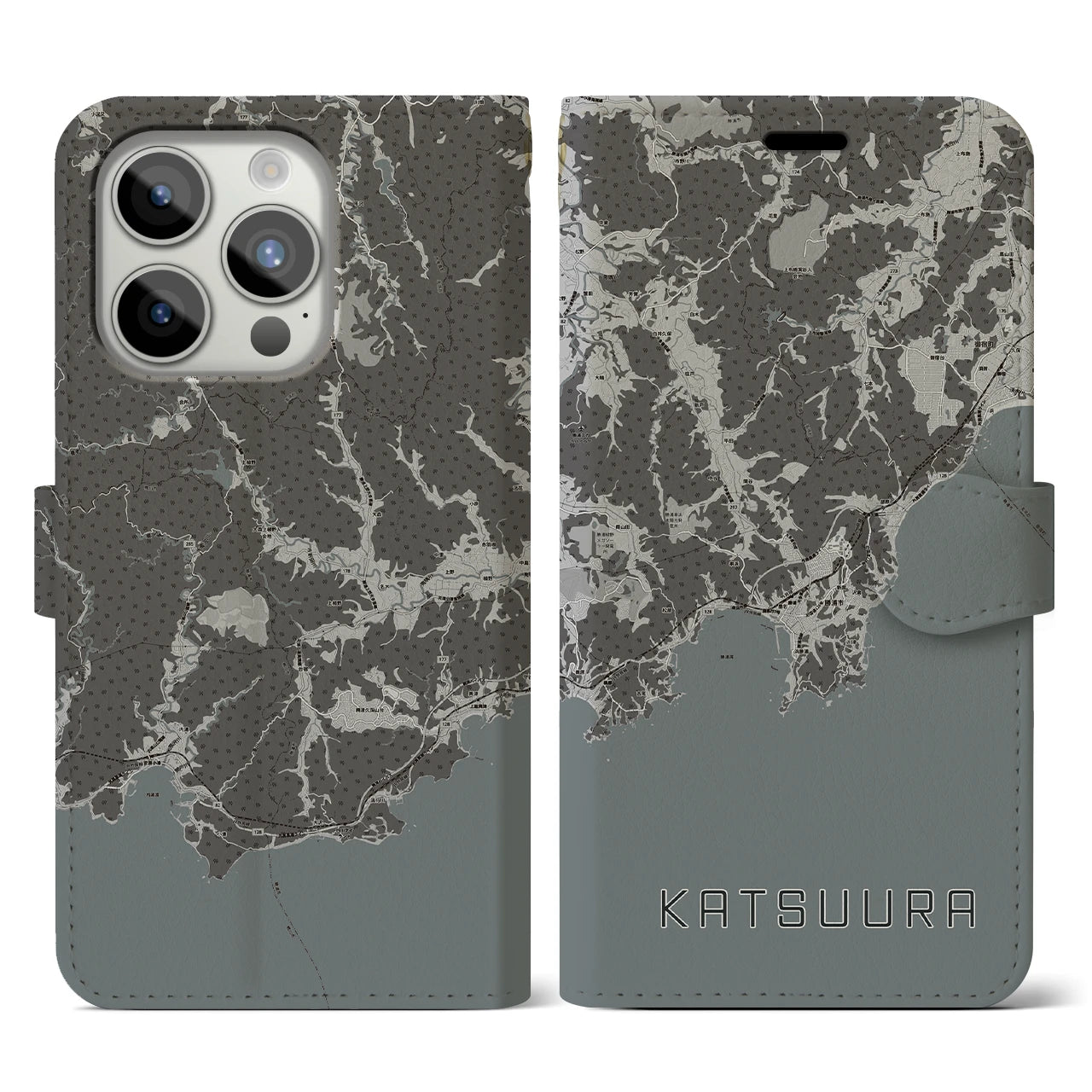 【勝浦(千葉県)】地図柄iPhoneケース(手帳タイプ)モノトーン・iPhone 15 Pro 用
