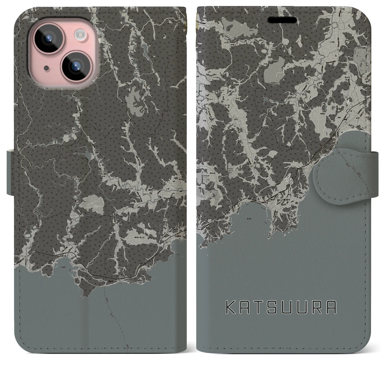 【勝浦(千葉県)】地図柄iPhoneケース(手帳タイプ)モノトーン・iPhone 15 Plus 用