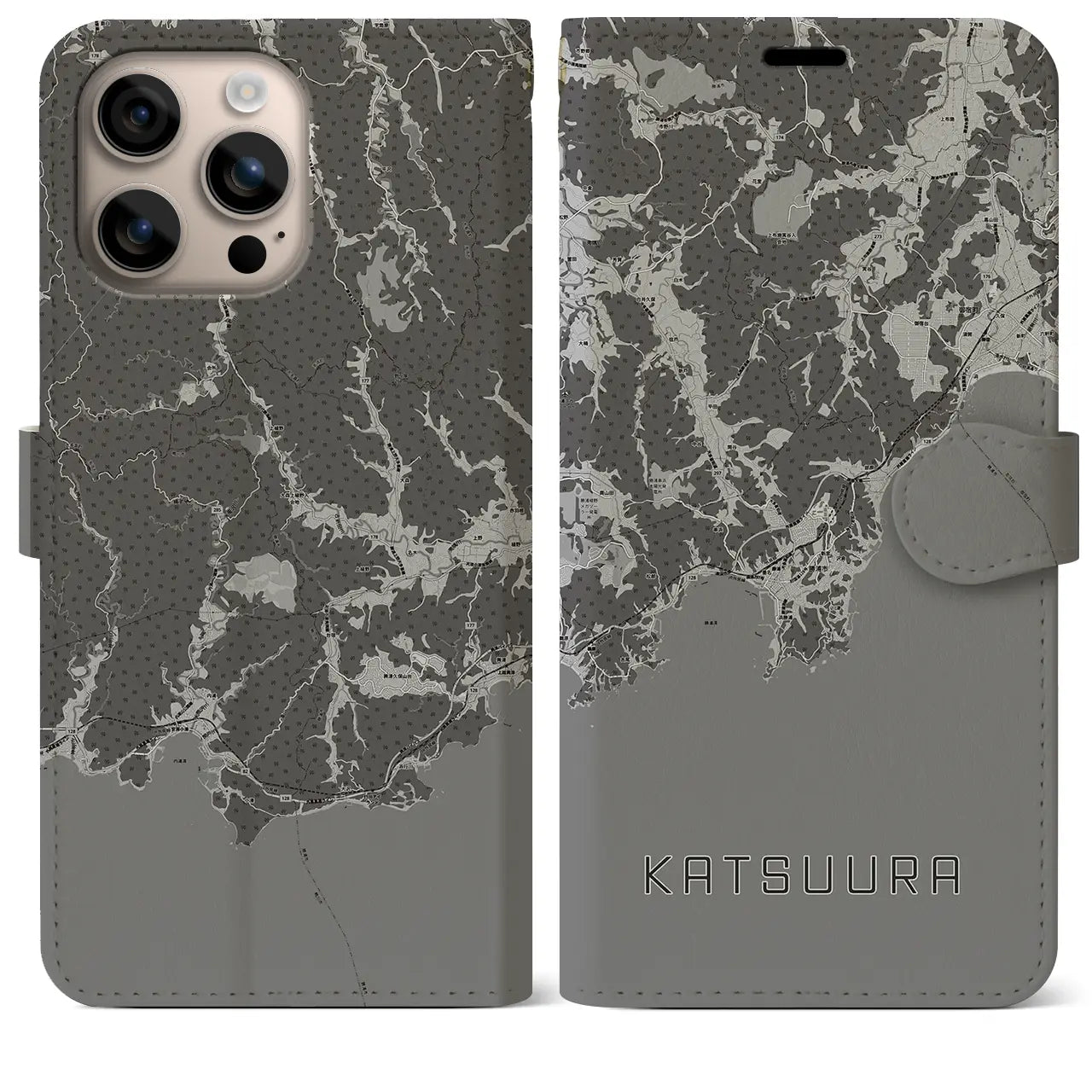 【勝浦(千葉県)】地図柄iPhoneケース(手帳タイプ)モノトーン・iPhone 16 Plus 用