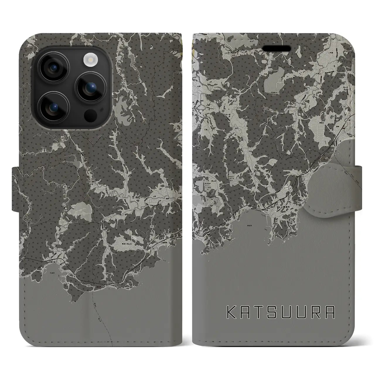 【勝浦(千葉県)】地図柄iPhoneケース(手帳タイプ)モノトーン・iPhone 16 用