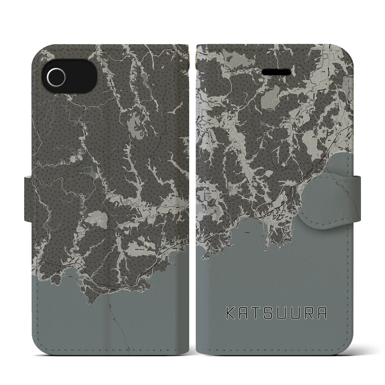 【勝浦(千葉県)】地図柄iPhoneケース(手帳タイプ)モノトーン・iPhone SE(第3 / 第2世代) / 8 / 7 / 6s / 6 用