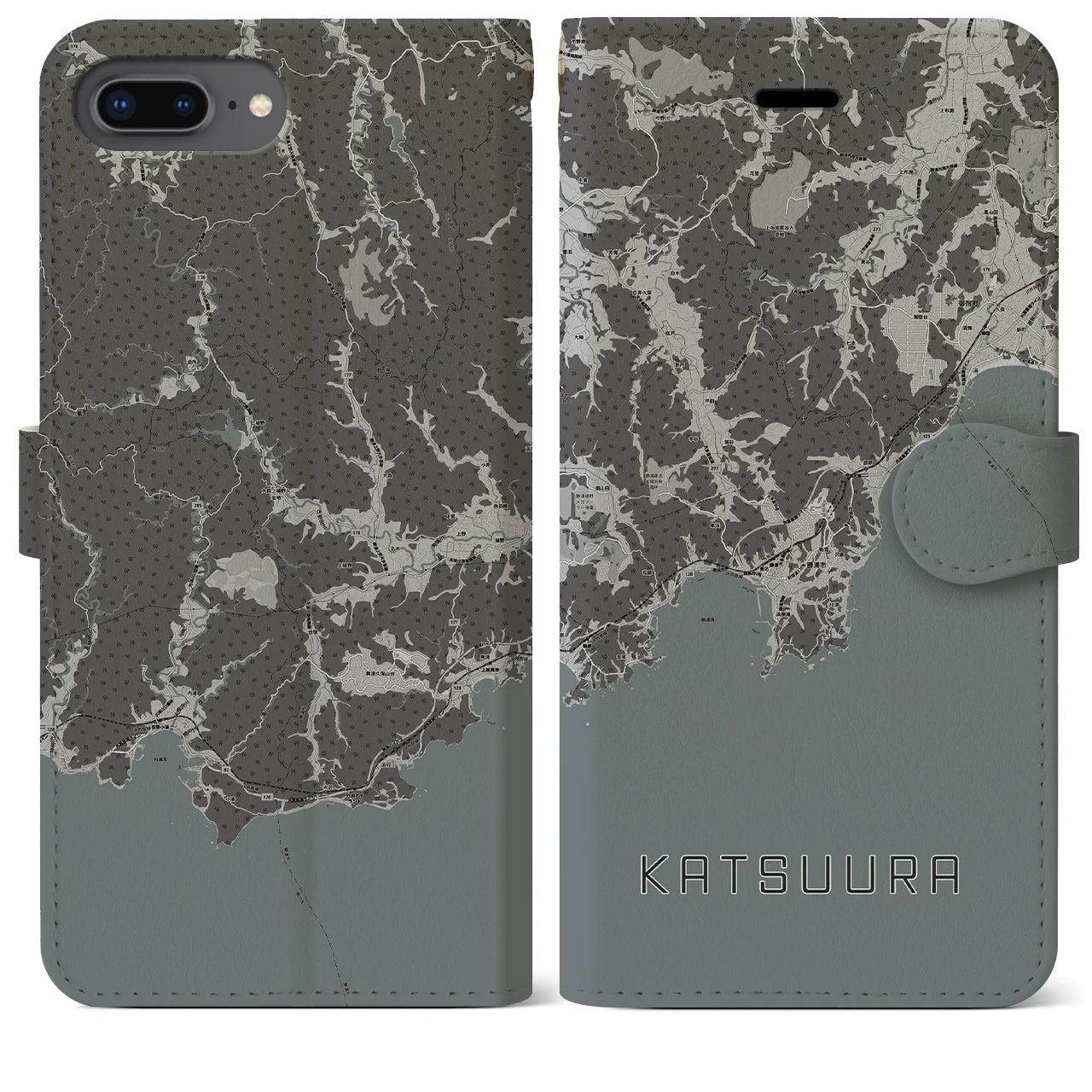 【勝浦(千葉県)】地図柄iPhoneケース(手帳タイプ)モノトーン・iPhone 8Plus /7Plus / 6sPlus / 6Plus 用