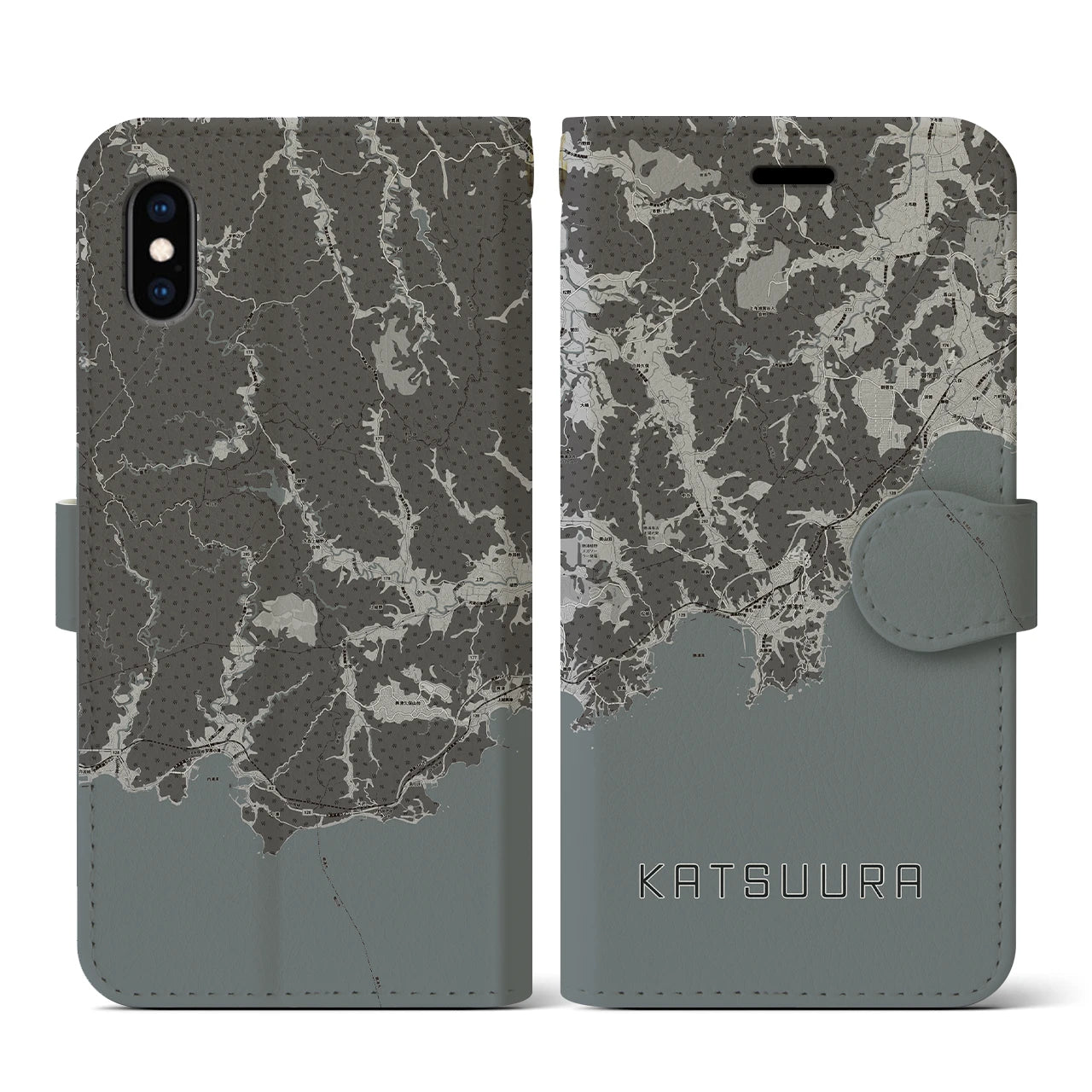 【勝浦(千葉県)】地図柄iPhoneケース(手帳タイプ)モノトーン・iPhone XS / X 用