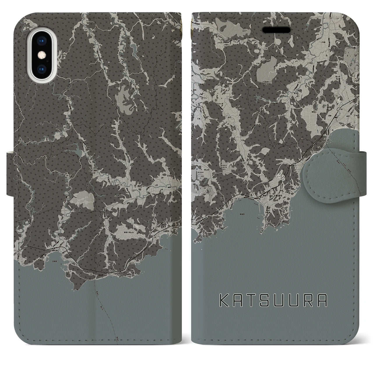 【勝浦(千葉県)】地図柄iPhoneケース(手帳タイプ)モノトーン・iPhone XS Max 用