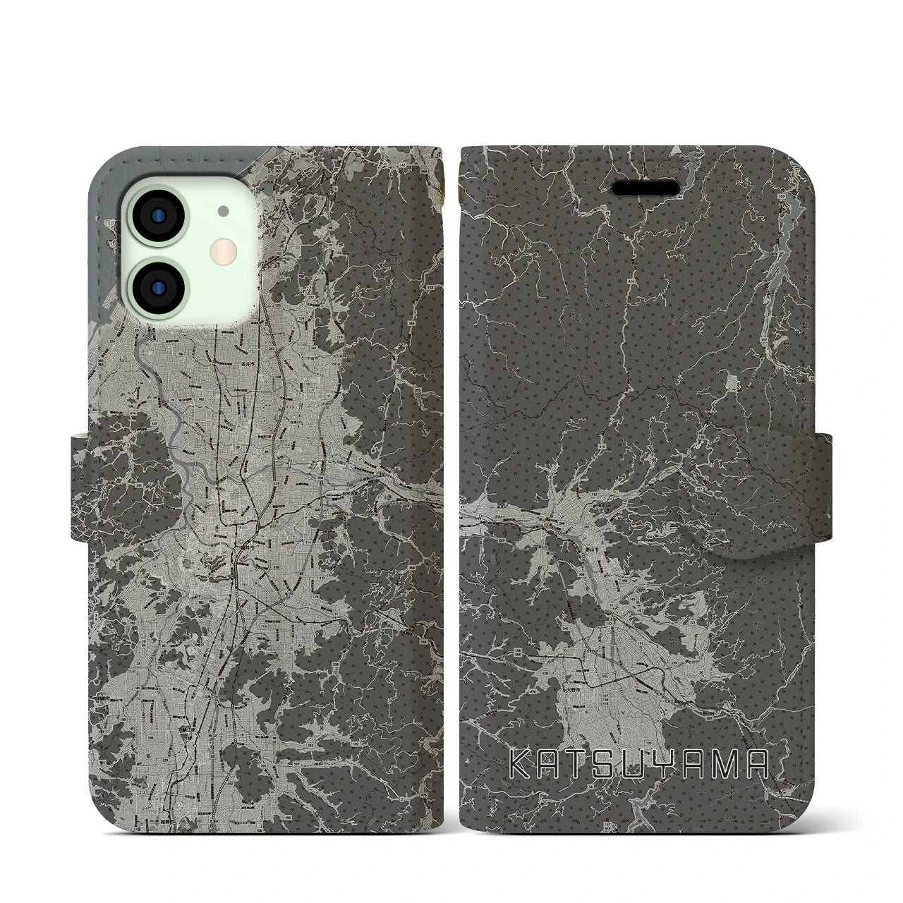 【勝山(福井県)】地図柄iPhoneケース(手帳タイプ)モノトーン・iPhone 12 mini 用