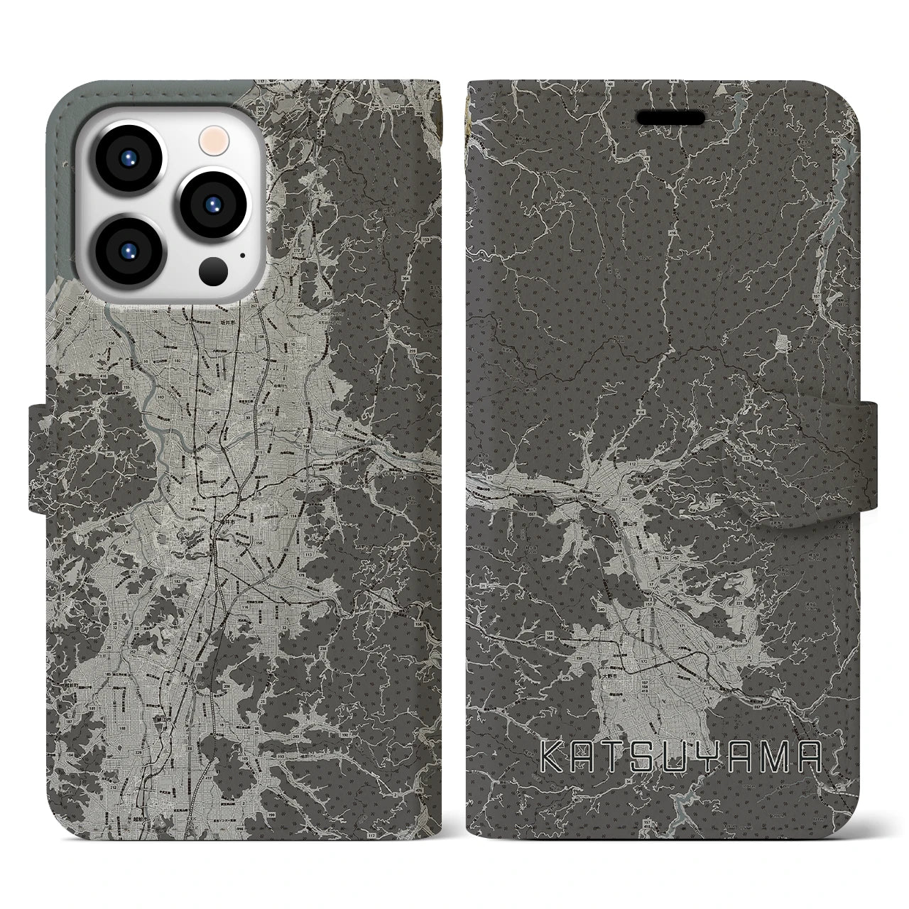 【勝山(福井県)】地図柄iPhoneケース(手帳タイプ)モノトーン・iPhone 13 Pro 用