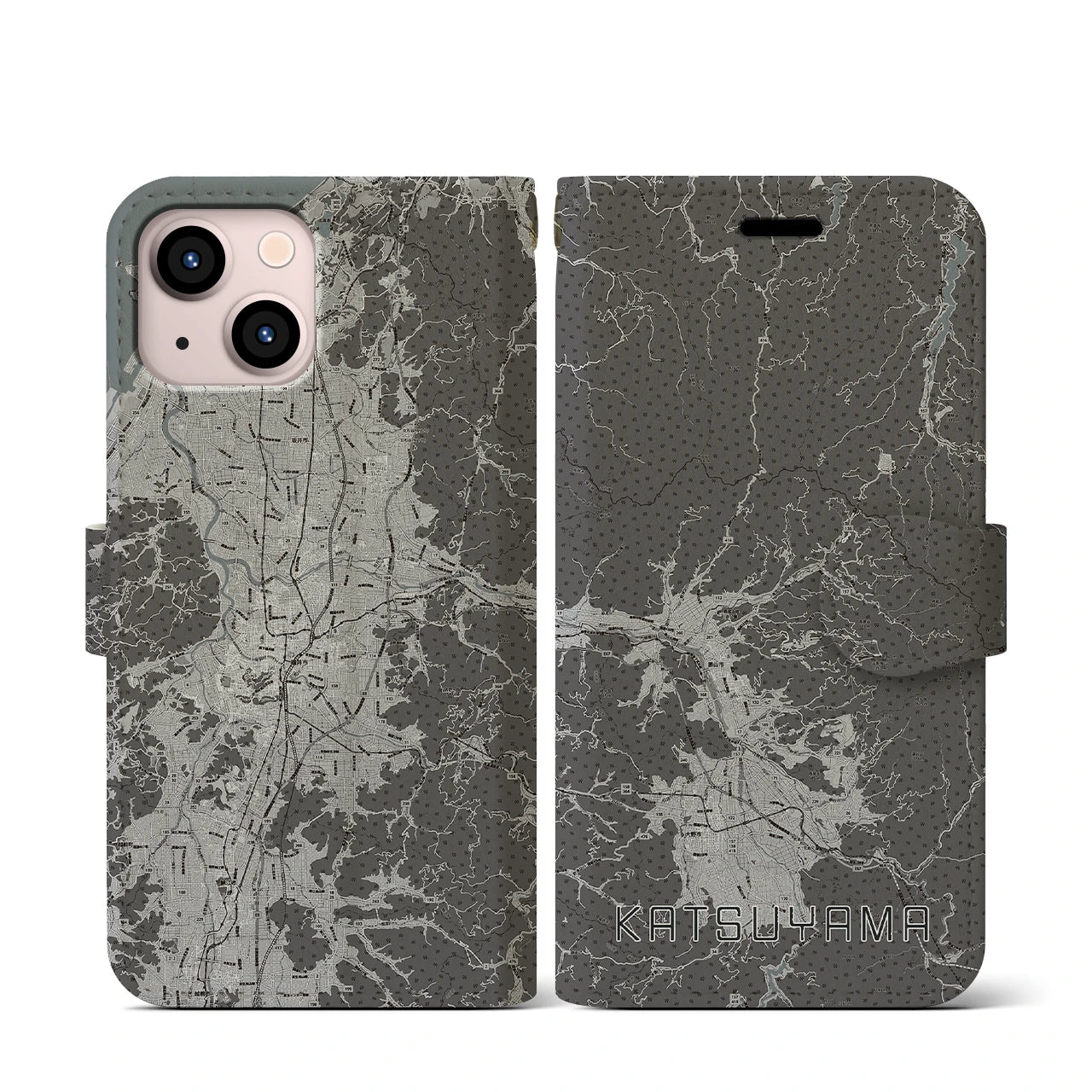 【勝山(福井県)】地図柄iPhoneケース(手帳タイプ)モノトーン・iPhone 13 mini 用