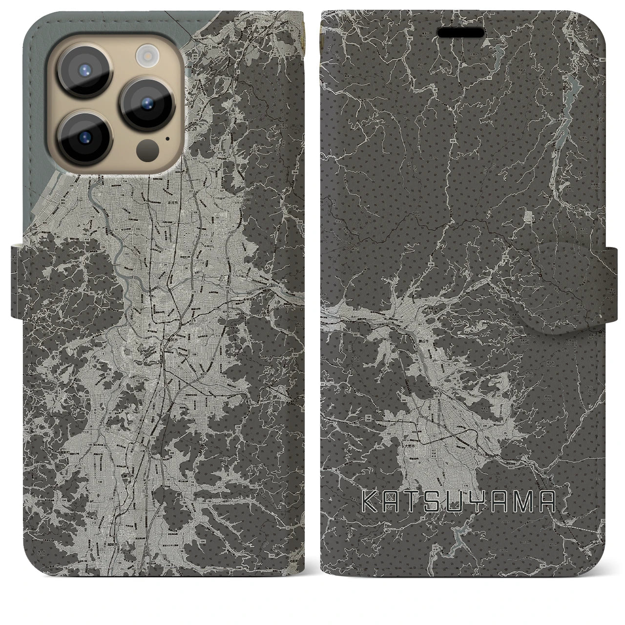 【勝山(福井県)】地図柄iPhoneケース(手帳タイプ)モノトーン・iPhone 14 Pro Max 用