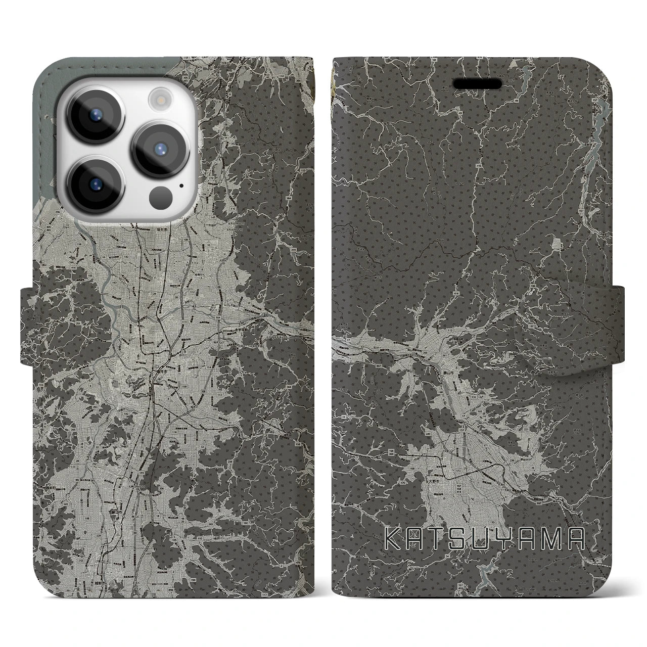 【勝山(福井県)】地図柄iPhoneケース(手帳タイプ)モノトーン・iPhone 14 Pro 用