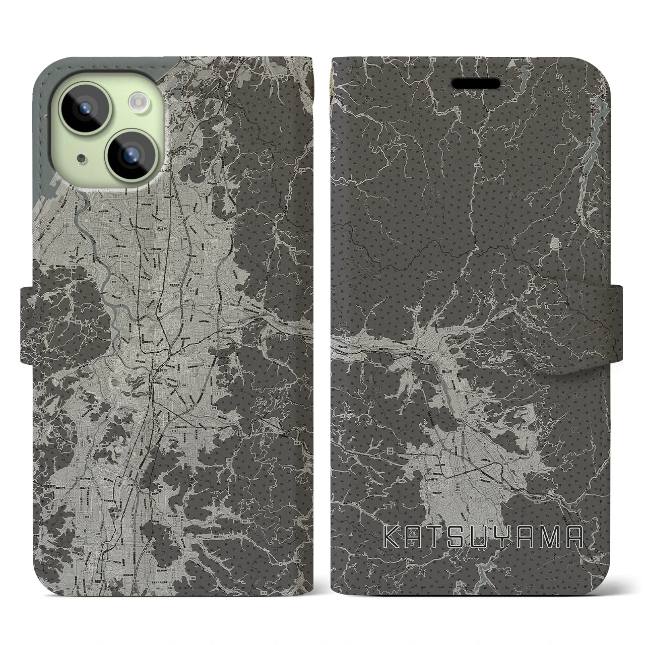 【勝山(福井県)】地図柄iPhoneケース(手帳タイプ)モノトーン・iPhone 15 用