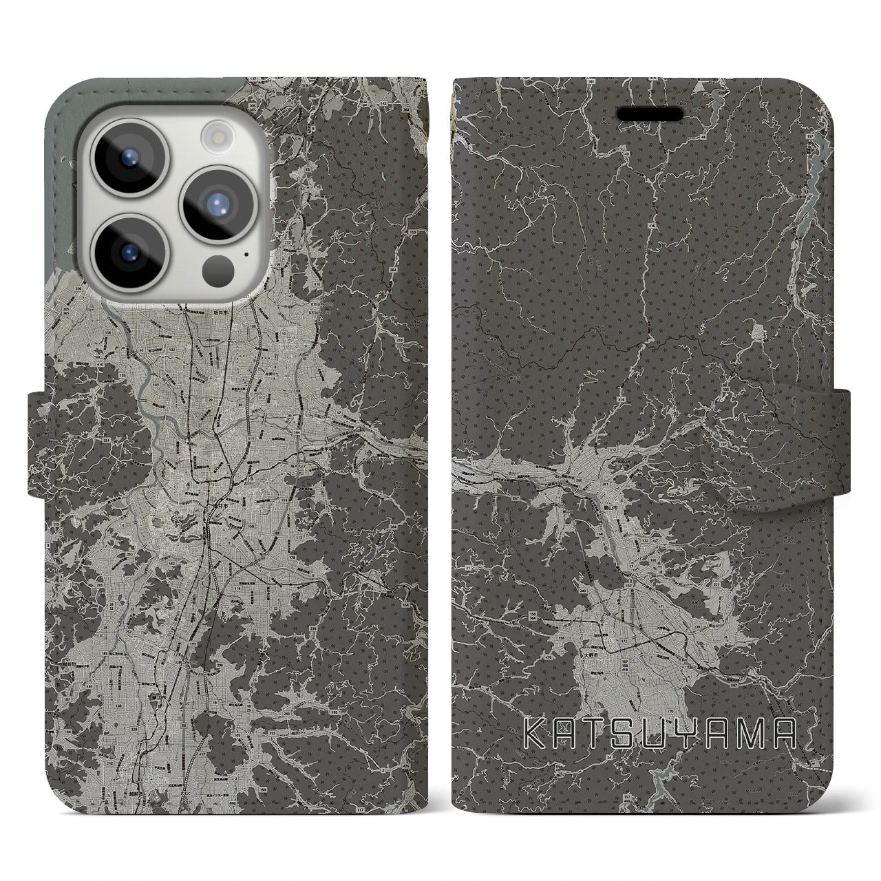 【勝山(福井県)】地図柄iPhoneケース(手帳タイプ)モノトーン・iPhone 15 Pro 用