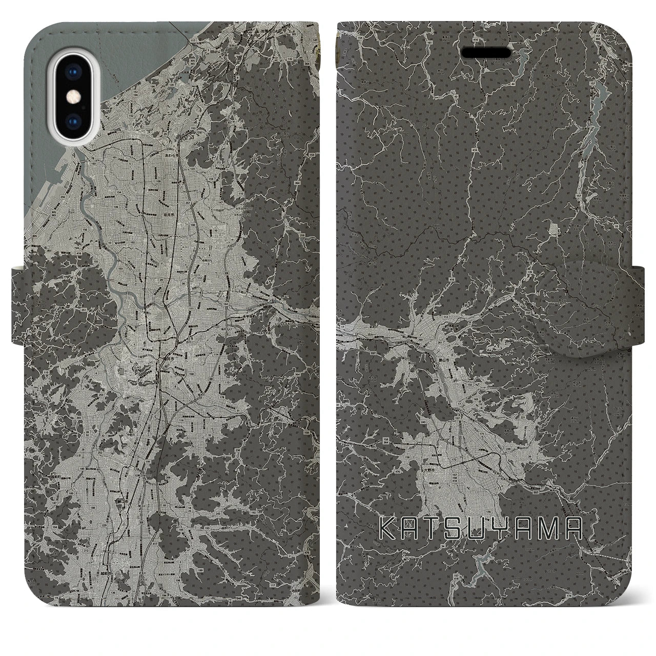 【勝山(福井県)】地図柄iPhoneケース(手帳タイプ)モノトーン・iPhone XS Max 用