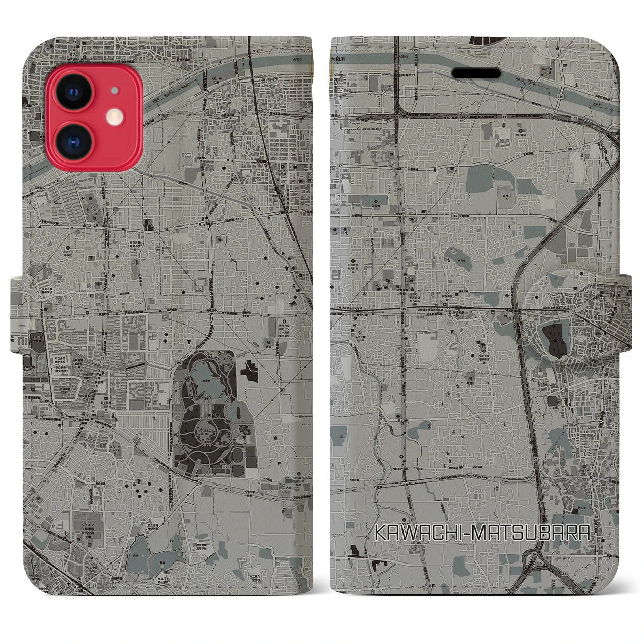 【河内松原(大阪府)】地図柄iPhoneケース(手帳タイプ)モノトーン・iPhone 11 用