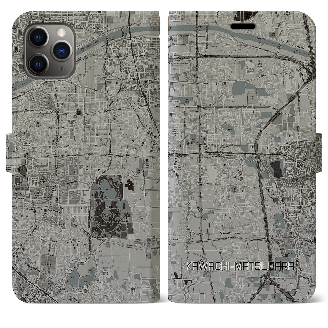 【河内松原(大阪府)】地図柄iPhoneケース(手帳タイプ)モノトーン・iPhone 11 Pro Max 用