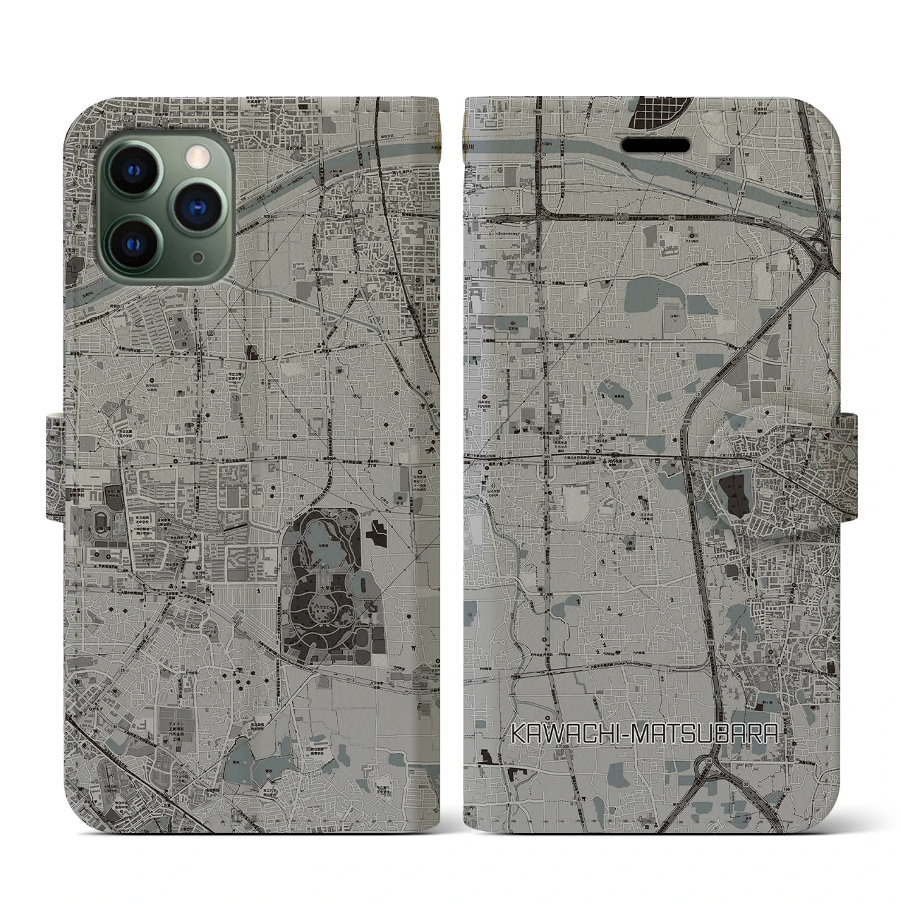 【河内松原(大阪府)】地図柄iPhoneケース(手帳タイプ)モノトーン・iPhone 11 Pro 用