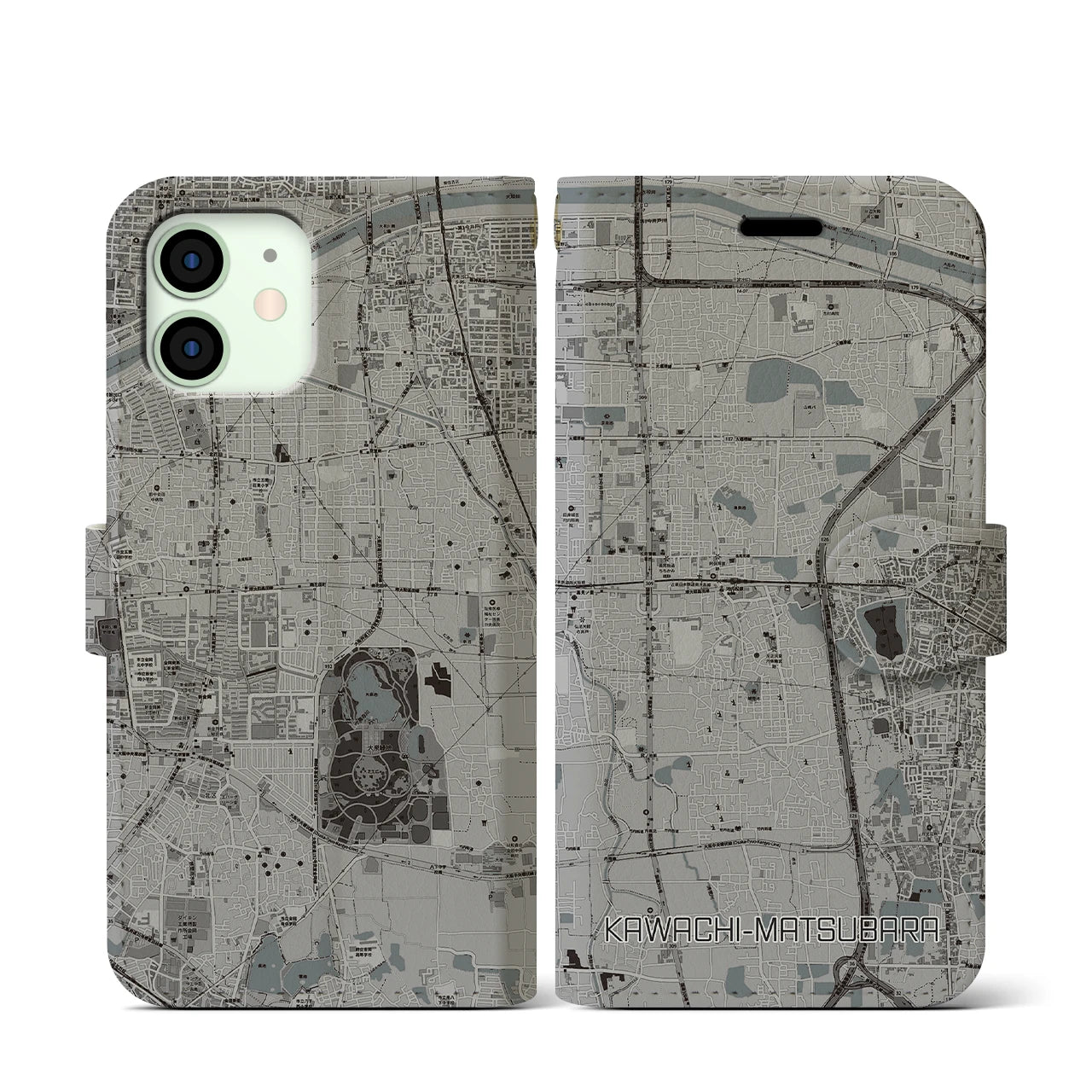 【河内松原(大阪府)】地図柄iPhoneケース(手帳タイプ)モノトーン・iPhone 12 mini 用