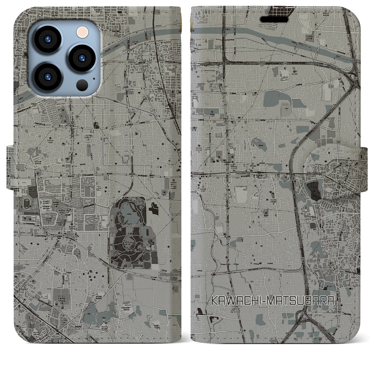 【河内松原(大阪府)】地図柄iPhoneケース(手帳タイプ)モノトーン・iPhone 13 Pro Max 用