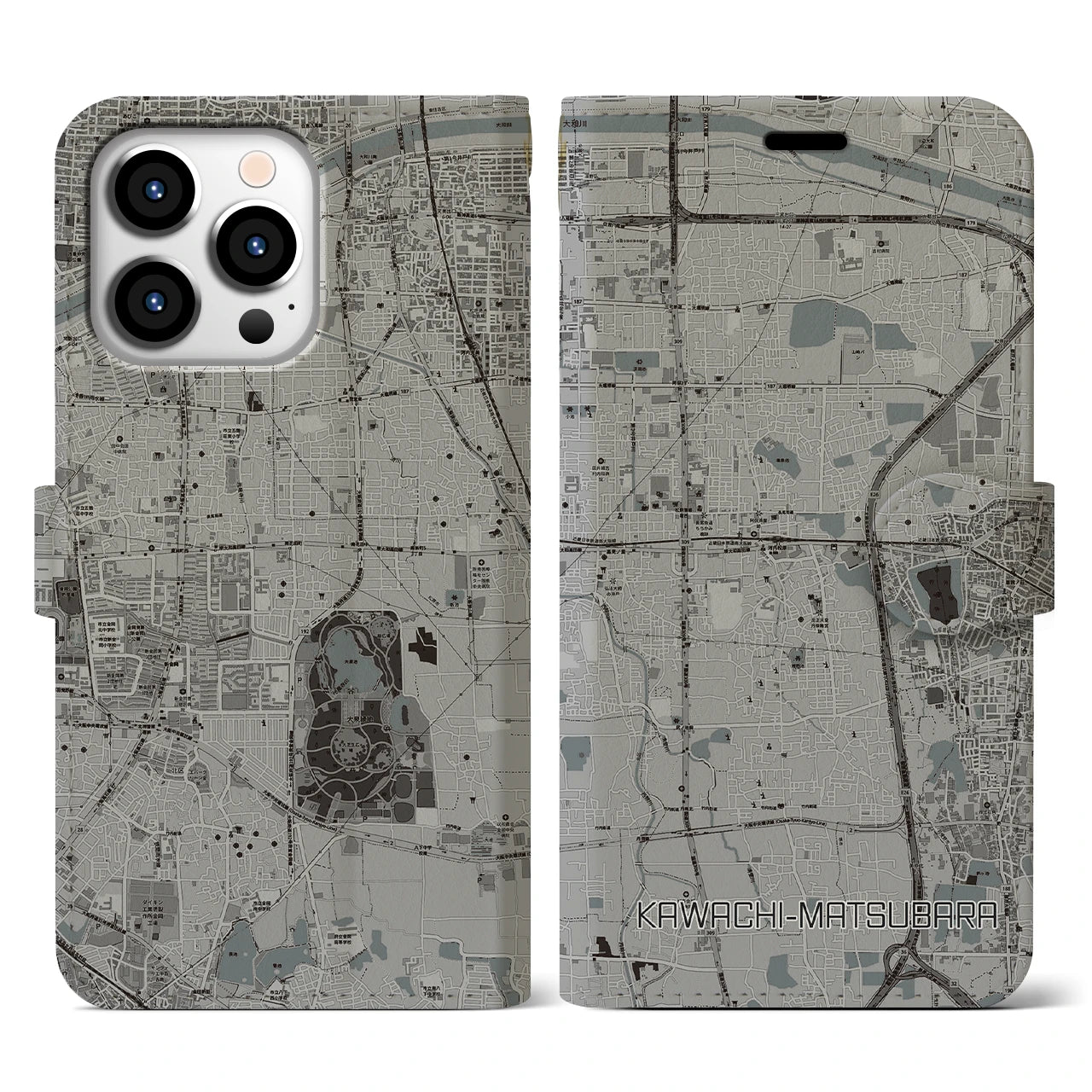 【河内松原(大阪府)】地図柄iPhoneケース(手帳タイプ)モノトーン・iPhone 13 Pro 用