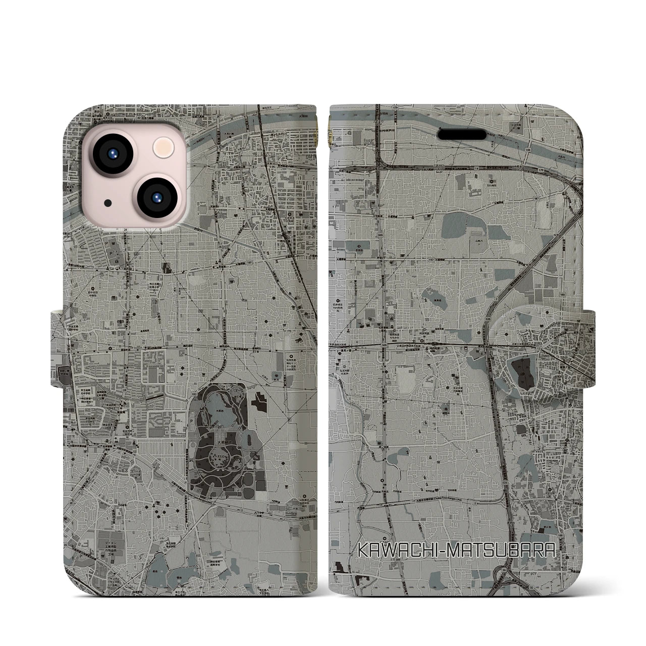 【河内松原(大阪府)】地図柄iPhoneケース(手帳タイプ)モノトーン・iPhone 13 mini 用