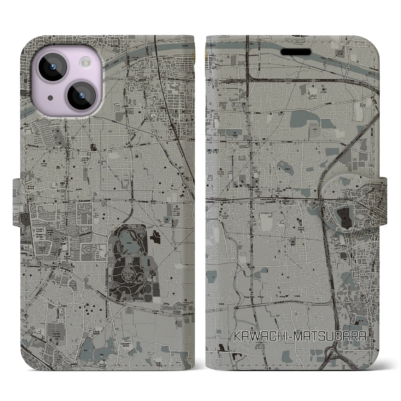 【河内松原(大阪府)】地図柄iPhoneケース(手帳タイプ)モノトーン・iPhone 14 用