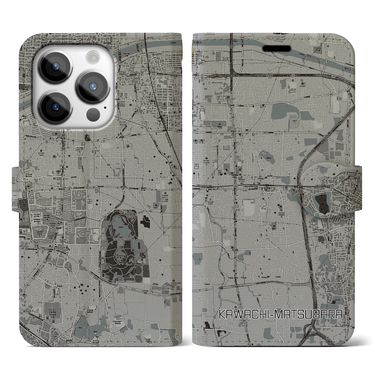 【河内松原(大阪府)】地図柄iPhoneケース(手帳タイプ)モノトーン・iPhone 14 Pro 用