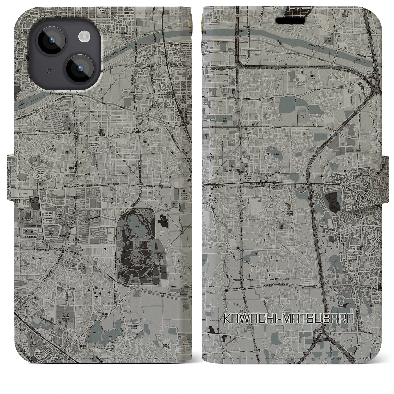 【河内松原(大阪府)】地図柄iPhoneケース(手帳タイプ)モノトーン・iPhone 14 Plus 用