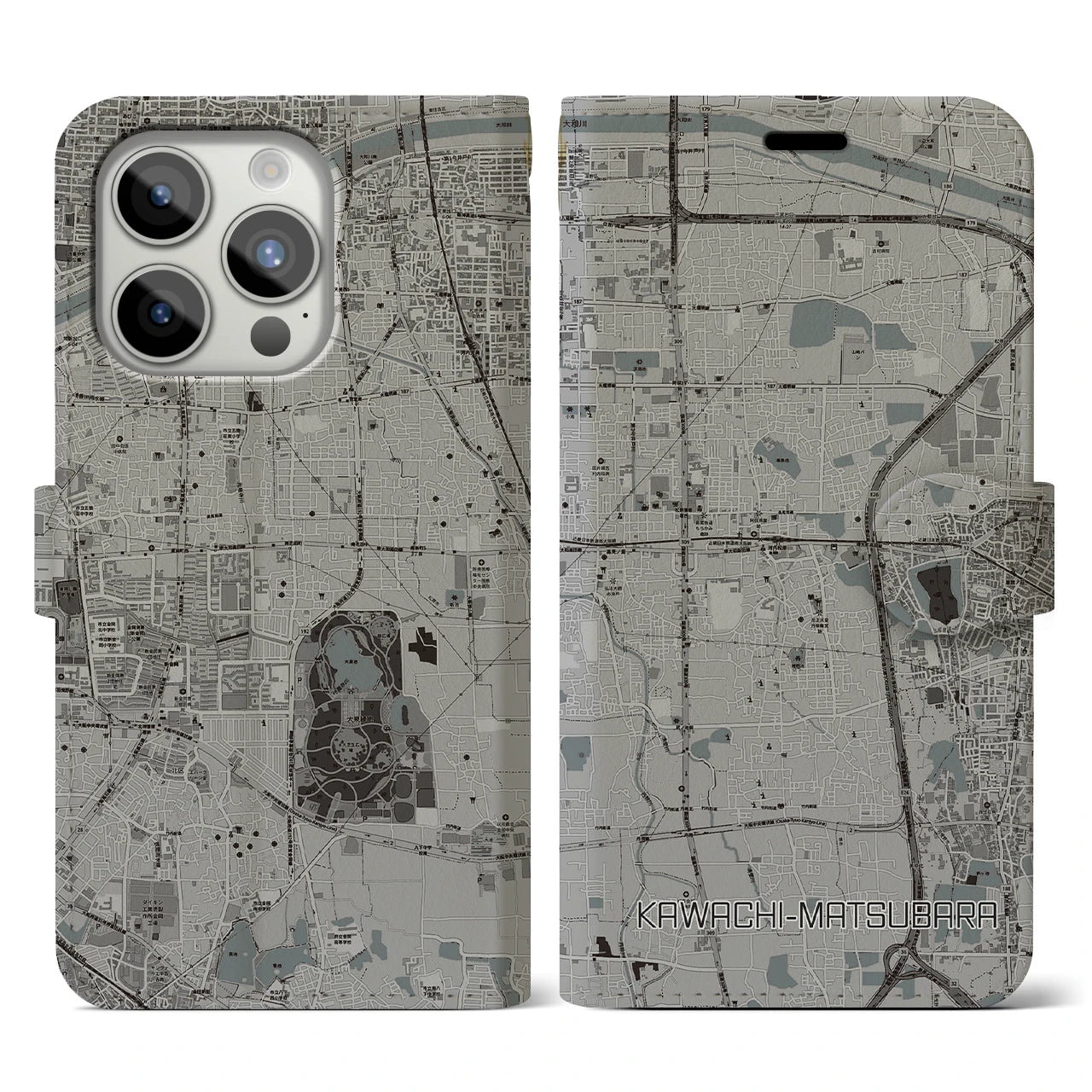 【河内松原(大阪府)】地図柄iPhoneケース(手帳タイプ)モノトーン・iPhone 15 Pro 用