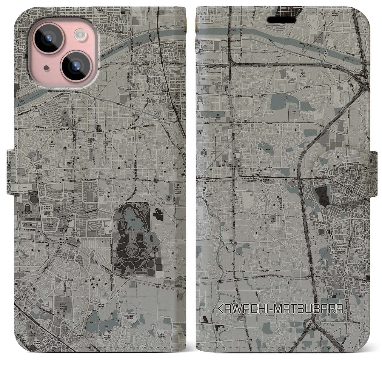 【河内松原(大阪府)】地図柄iPhoneケース(手帳タイプ)モノトーン・iPhone 15 Plus 用