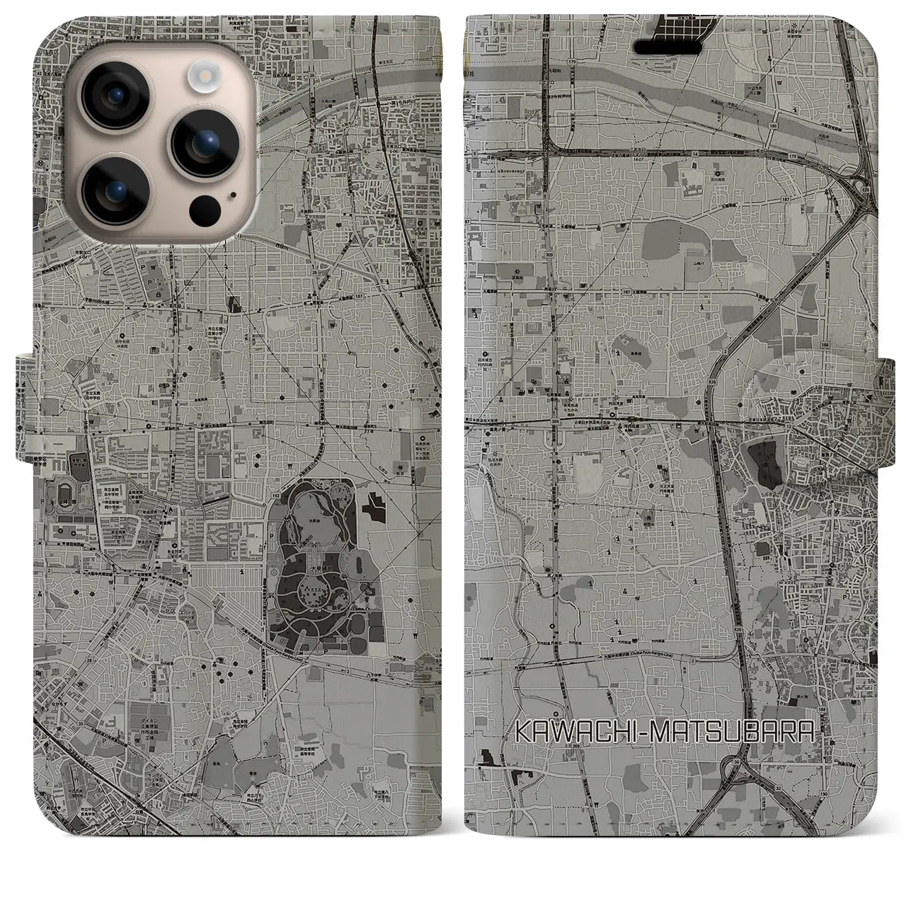 【河内松原(大阪府)】地図柄iPhoneケース(手帳タイプ)モノトーン・iPhone 16 Plus 用