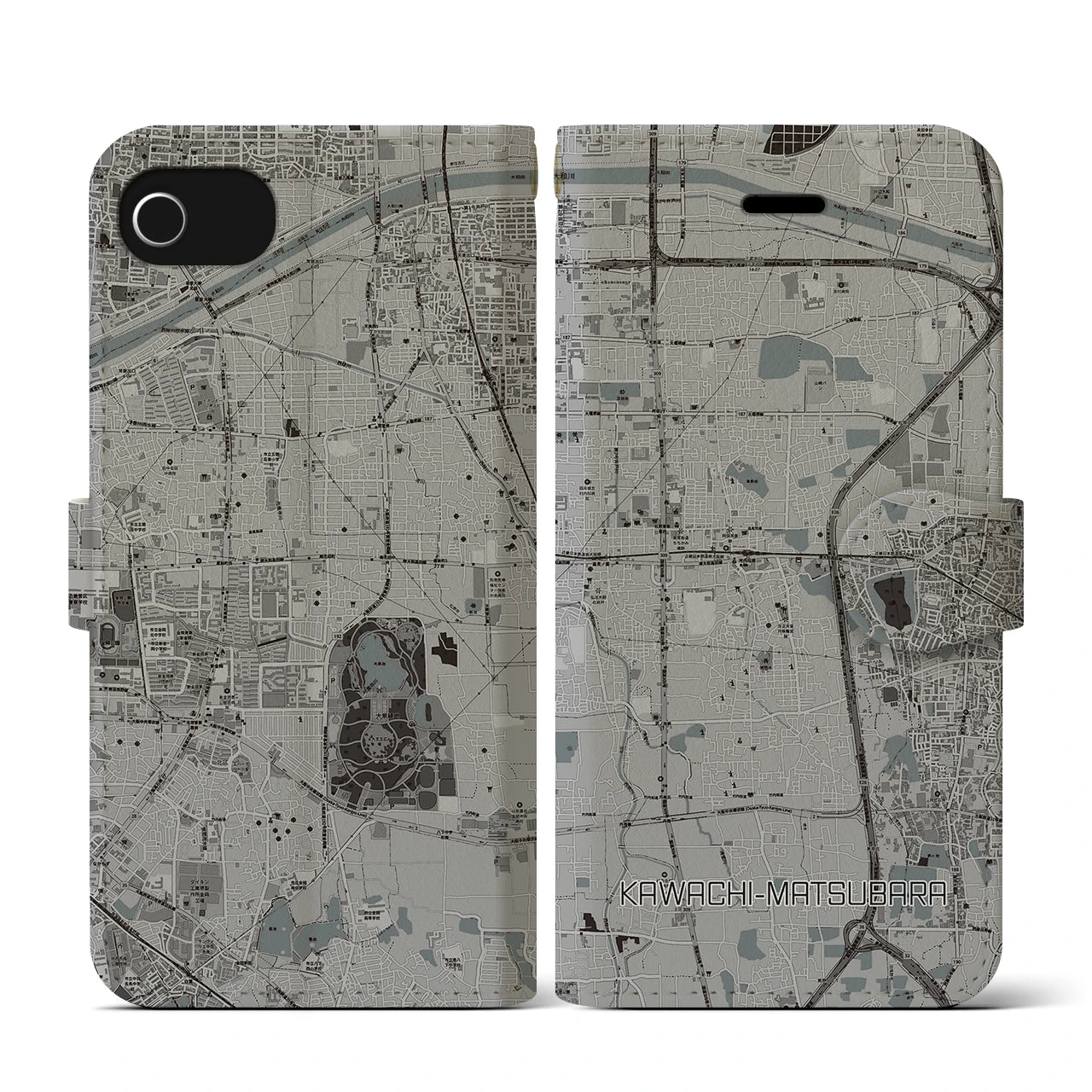 【河内松原(大阪府)】地図柄iPhoneケース(手帳タイプ)モノトーン・iPhone SE(第3 / 第2世代) / 8 / 7 / 6s / 6 用