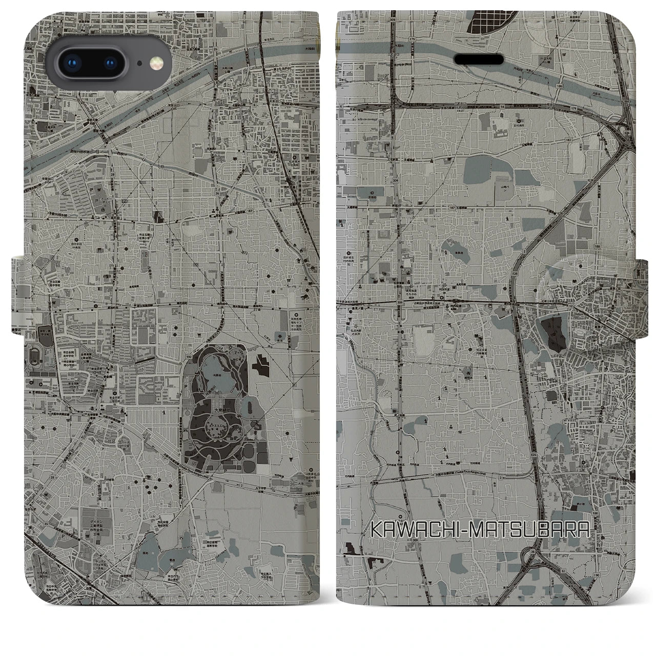 【河内松原(大阪府)】地図柄iPhoneケース(手帳タイプ)モノトーン・iPhone 8Plus /7Plus / 6sPlus / 6Plus 用