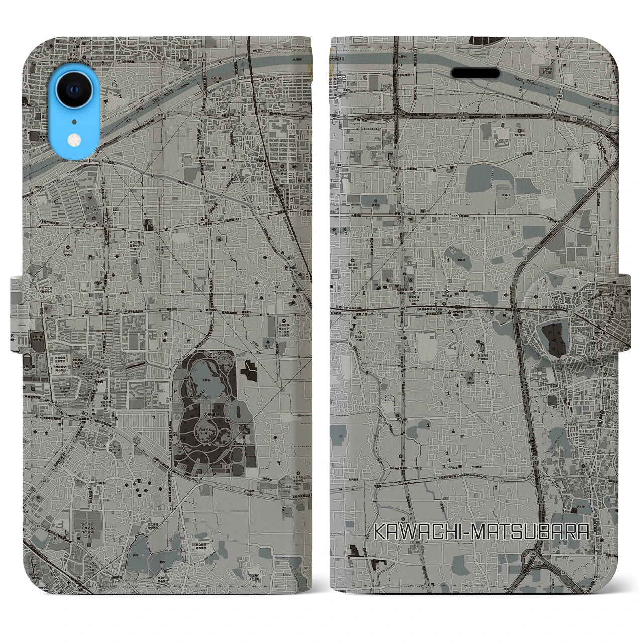 【河内松原(大阪府)】地図柄iPhoneケース(手帳タイプ)モノトーン・iPhone XR 用