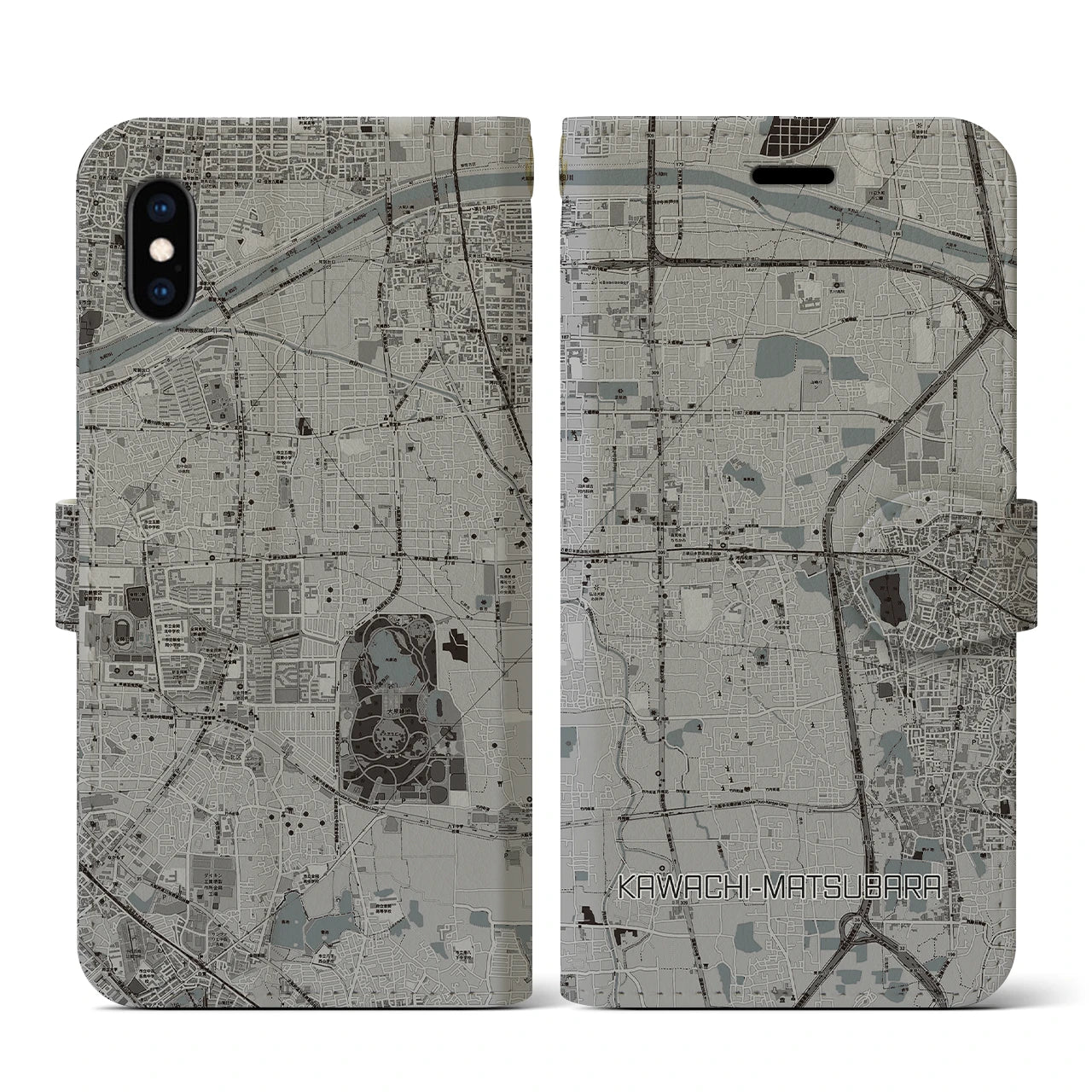 【河内松原(大阪府)】地図柄iPhoneケース(手帳タイプ)モノトーン・iPhone XS / X 用