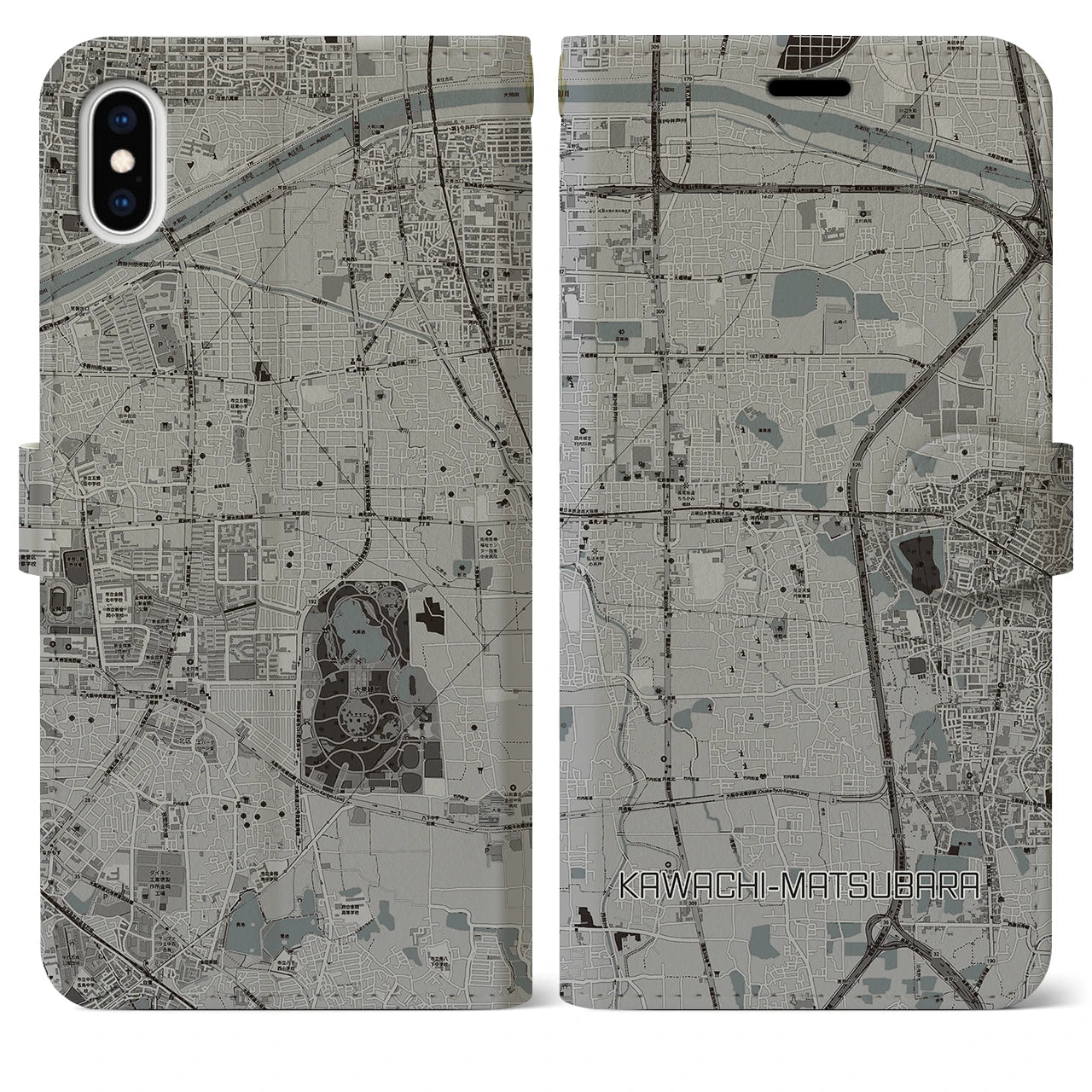 【河内松原(大阪府)】地図柄iPhoneケース(手帳タイプ)モノトーン・iPhone XS Max 用