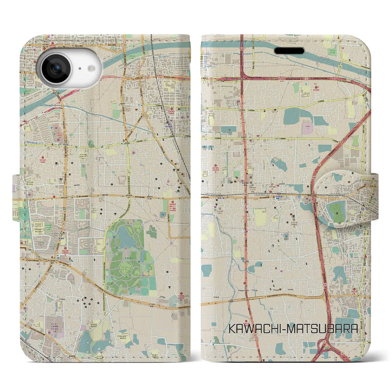 【河内松原(大阪府)】地図柄iPhoneケース(手帳タイプ)