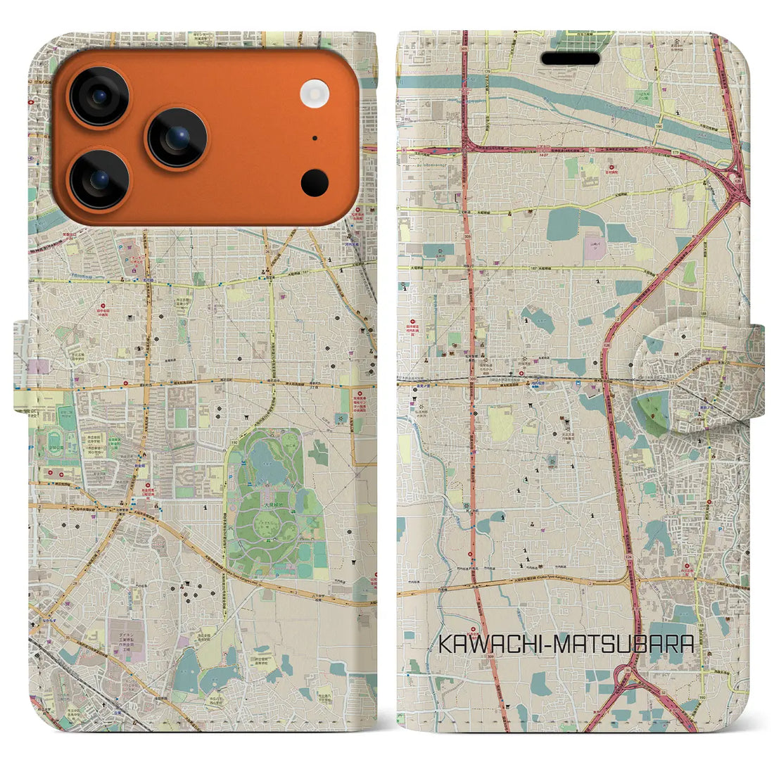 【河内松原(大阪府)】地図柄iPhoneケース(手帳タイプ)ナチュラル・iPhone 17 Pro Max 用