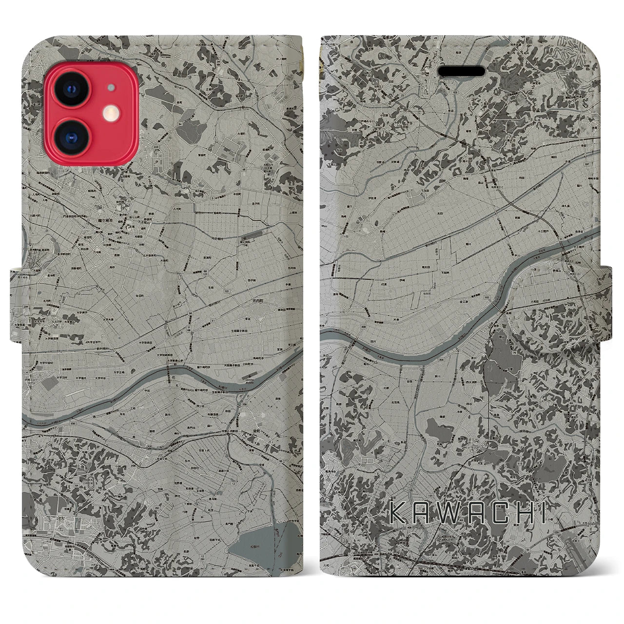 【河内(茨城県)】地図柄iPhoneケース(手帳タイプ)モノトーン・iPhone 11 用