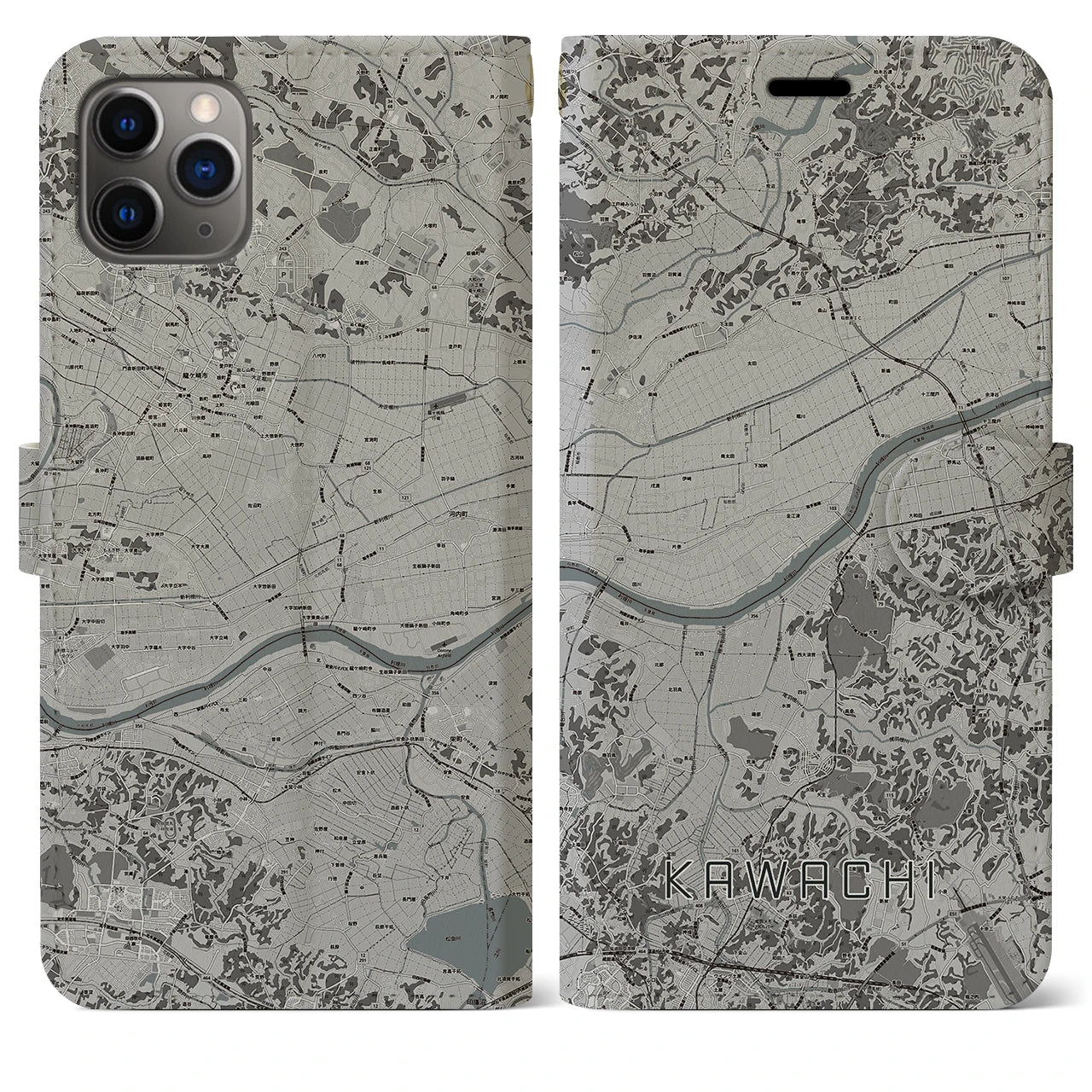 【河内(茨城県)】地図柄iPhoneケース(手帳タイプ)モノトーン・iPhone 11 Pro Max 用