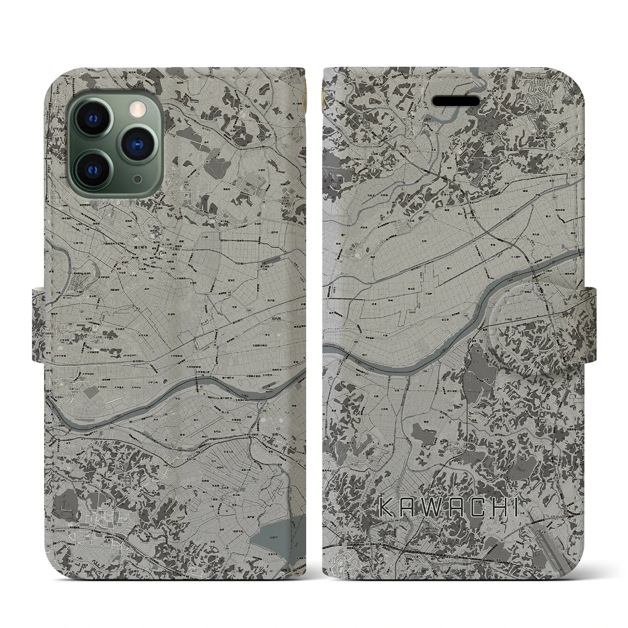 【河内(茨城県)】地図柄iPhoneケース(手帳タイプ)モノトーン・iPhone 11 Pro 用